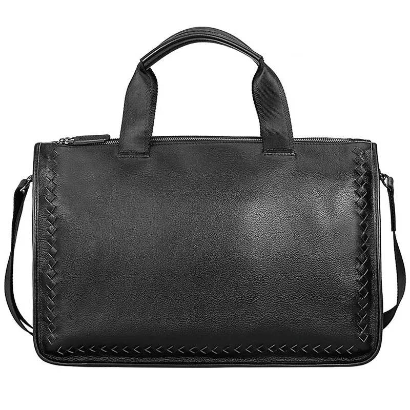 Full Grain Leather Weaving Briefcase Large Capacity Handbag Men Business Laptop Bag Shoulder Bags