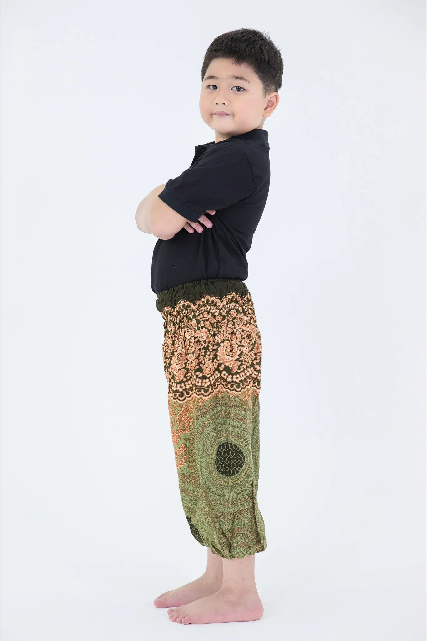 Geometric Mandalas Kids Harem Pants in Olive