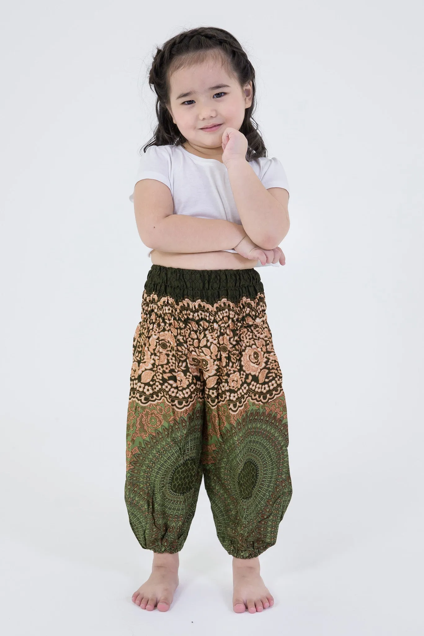 Geometric Mandalas Kids Harem Pants in Olive