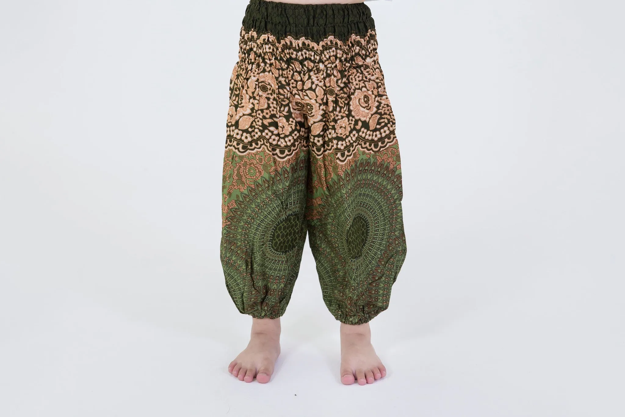 Geometric Mandalas Kids Harem Pants in Olive