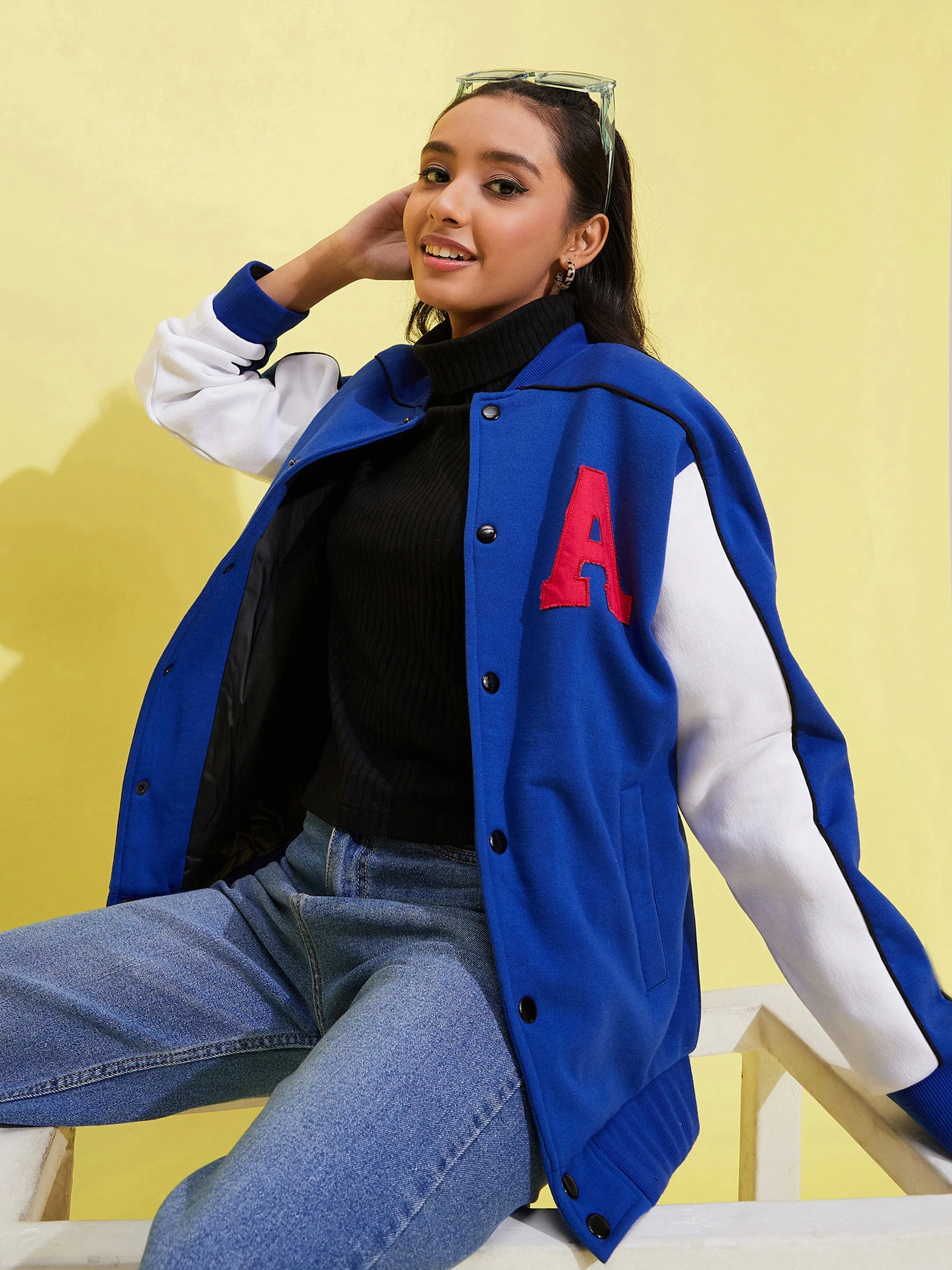 Girls Royal Blue Fleece Alphabet Varsity Jacket