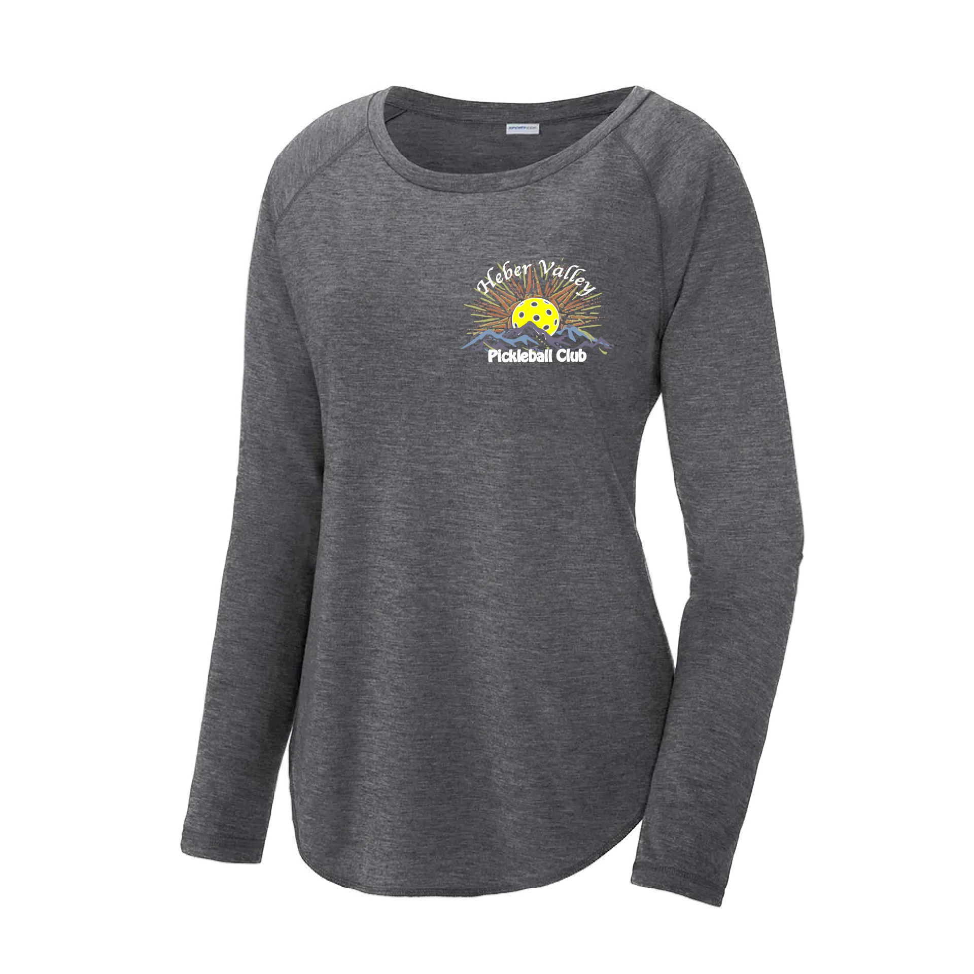 Heber Valley Pickleball Club (Small) | Women's Long Sleeve Scoop Neck Pickleball Shirts | 75/13/12 poly/cotton/rayon