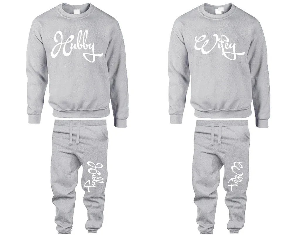 Hubby Wifey Couple Matching Crewneck Sweaters and Jogger Pants Top & Bottom Sets