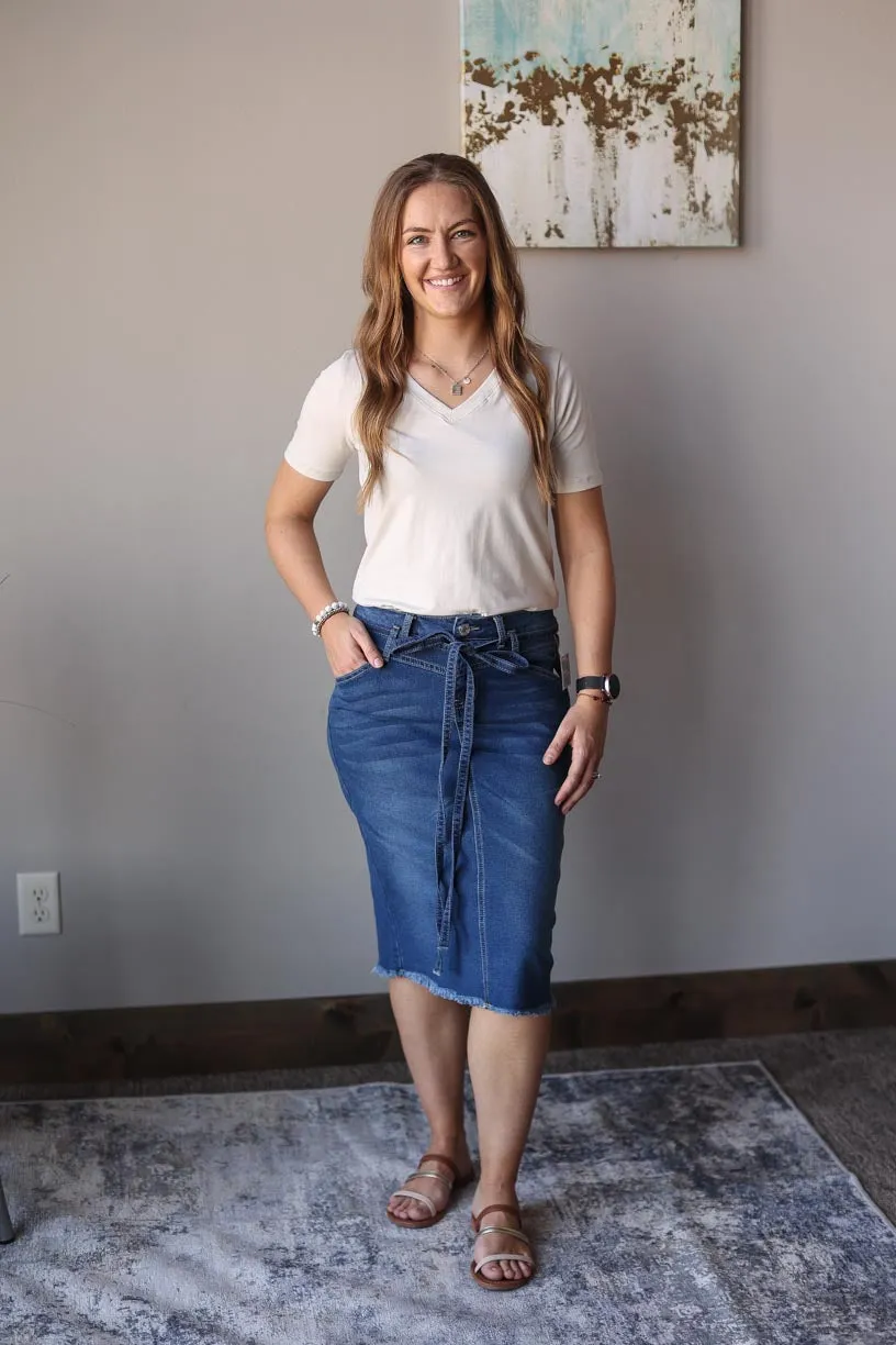 Indie Belted Midi Denim Skirt