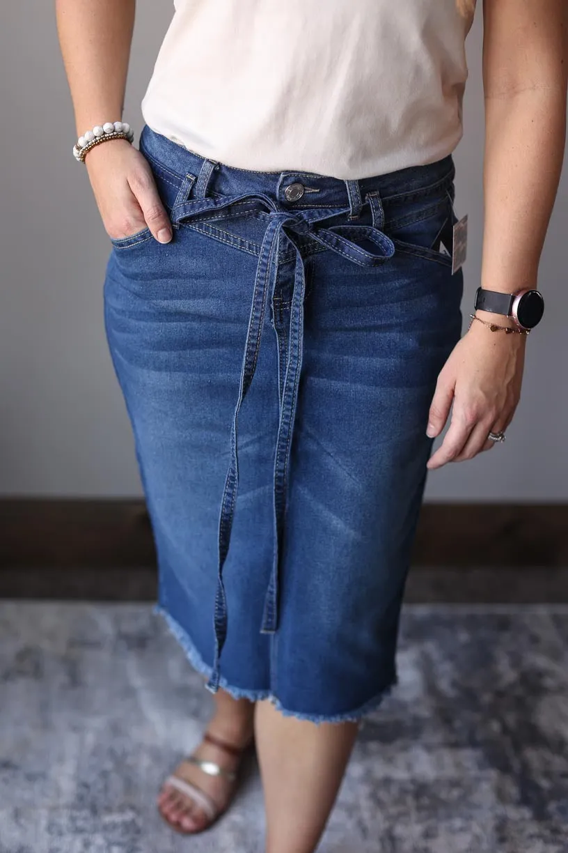 Indie Belted Midi Denim Skirt