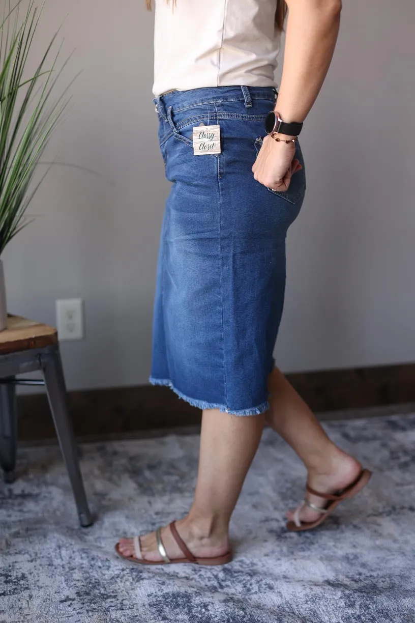 Indie Belted Midi Denim Skirt