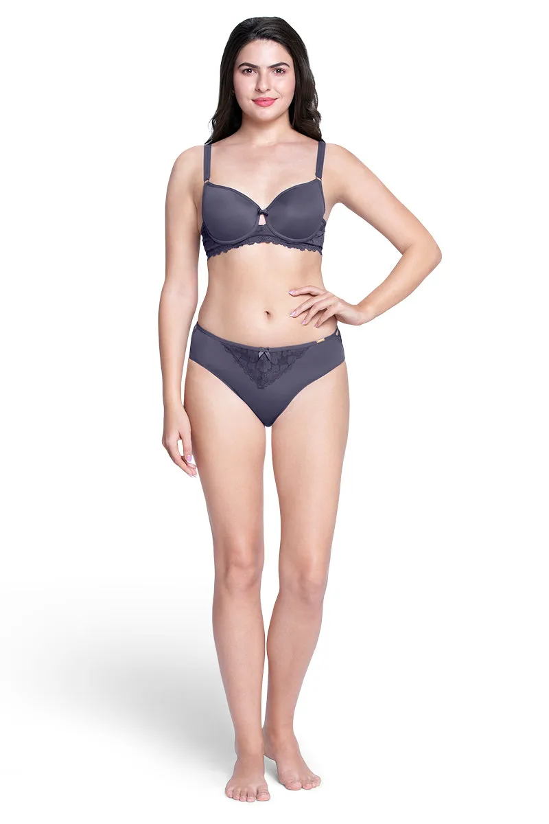 Lace Low Rise Seamed Brazillian Panty - Graystone