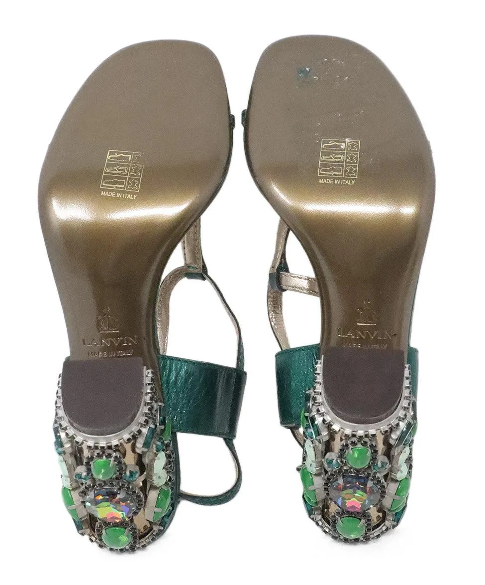 Lanvin Green Metallic Leather Sandals w/ Jewel Heel sz 9