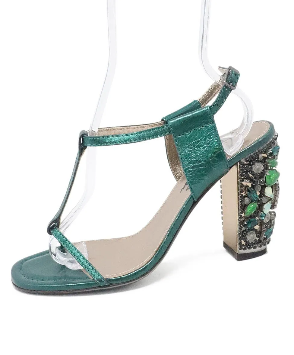 Lanvin Green Metallic Leather Sandals w/ Jewel Heel sz 9