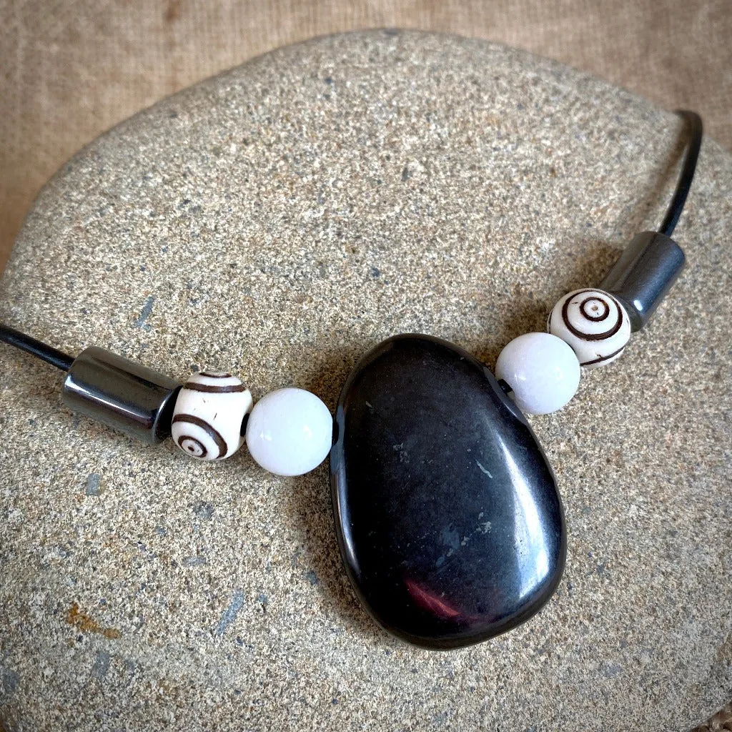 Large Shungite Medallion Necklace With White Jade & Hematite Beads