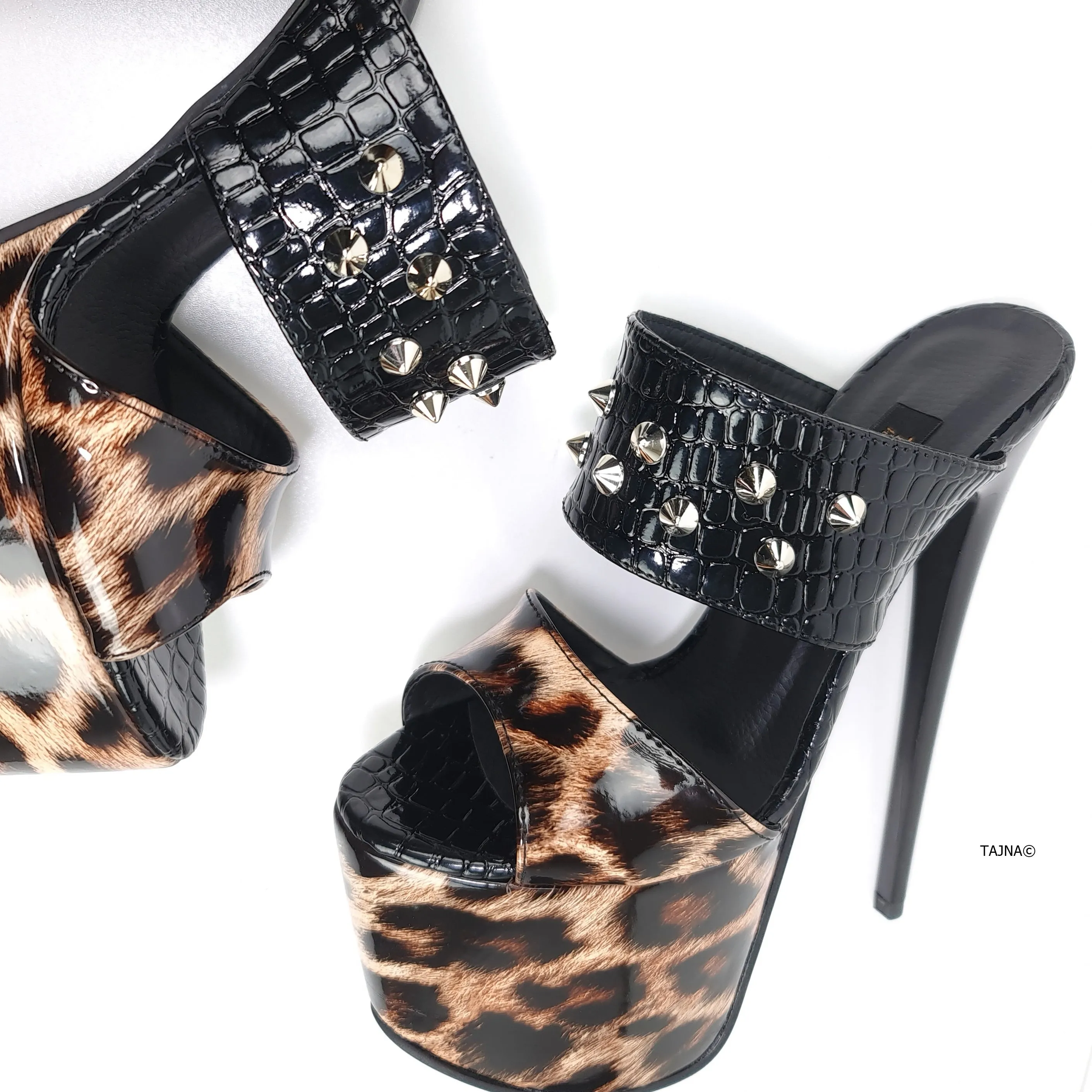 Leopard Black Croco Spike Detailed Mules