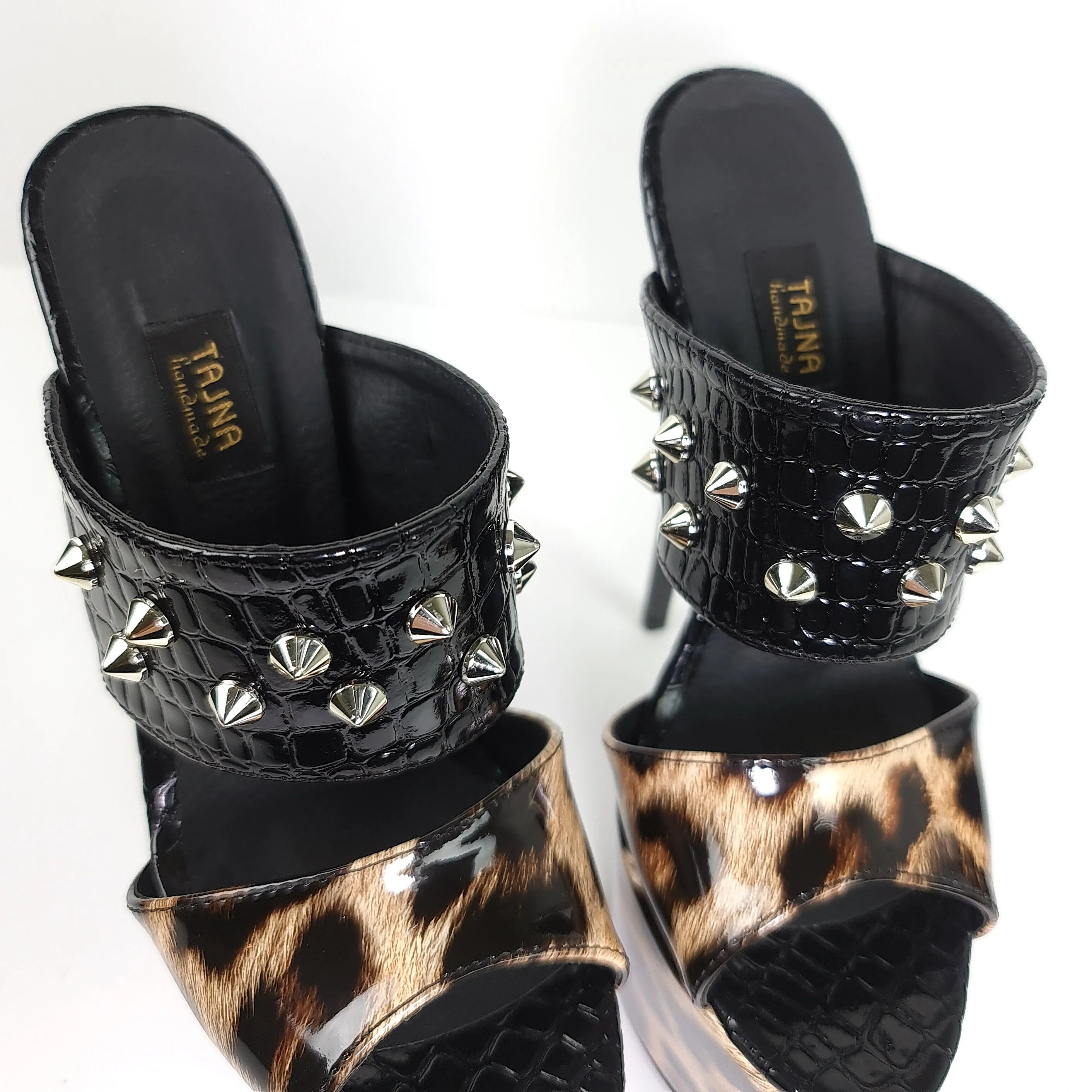 Leopard Black Croco Spike Detailed Mules