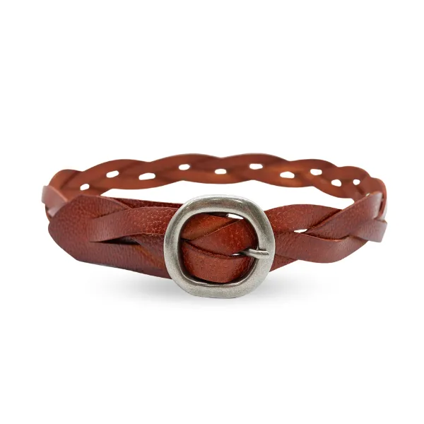 LOUISE - Womens Tan Dark Brown Genuine Leather Plaited Belt