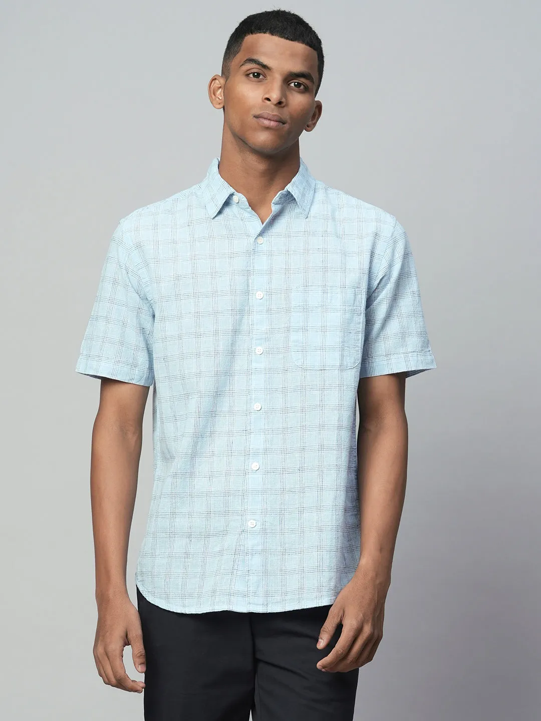 Men's Blue Linen Cotton Regular Fit Checked Shirt