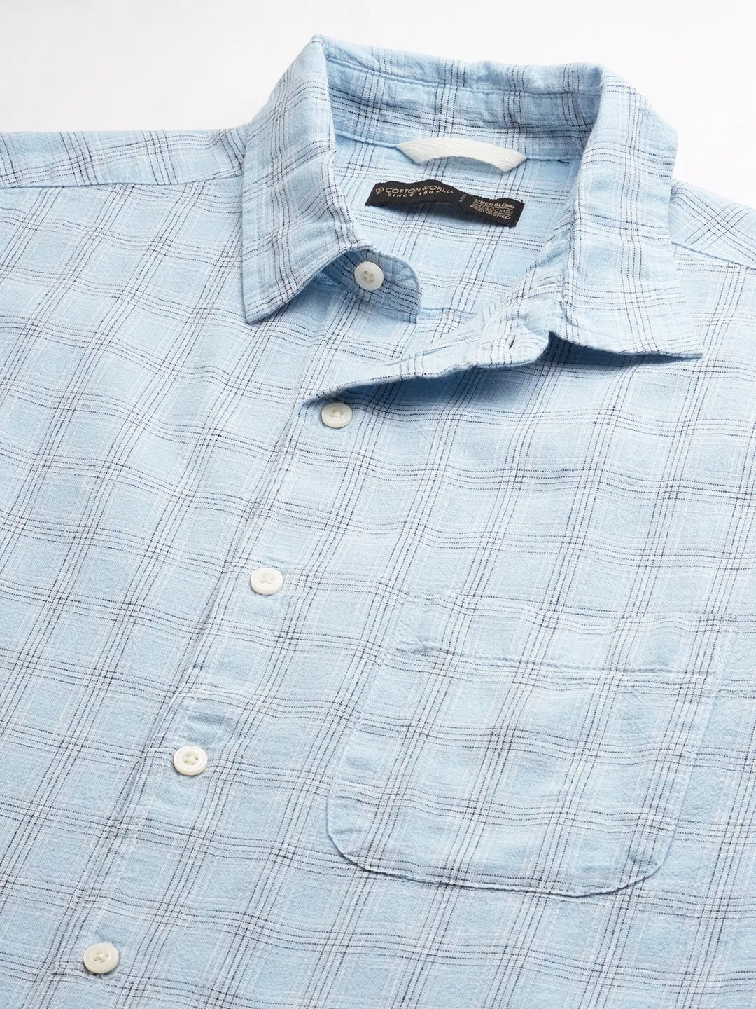 Men's Blue Linen Cotton Regular Fit Checked Shirt