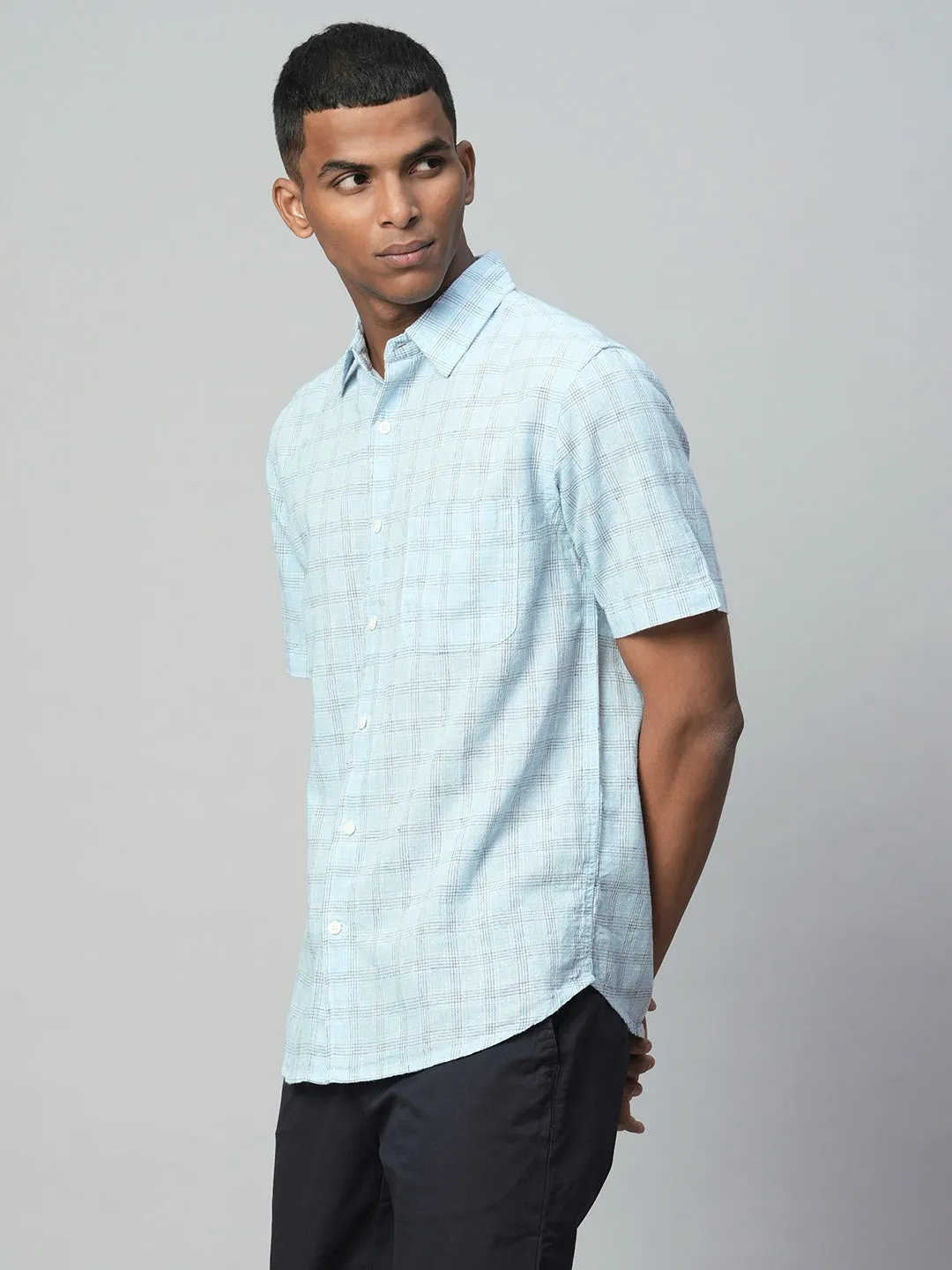 Men's Blue Linen Cotton Regular Fit Checked Shirt