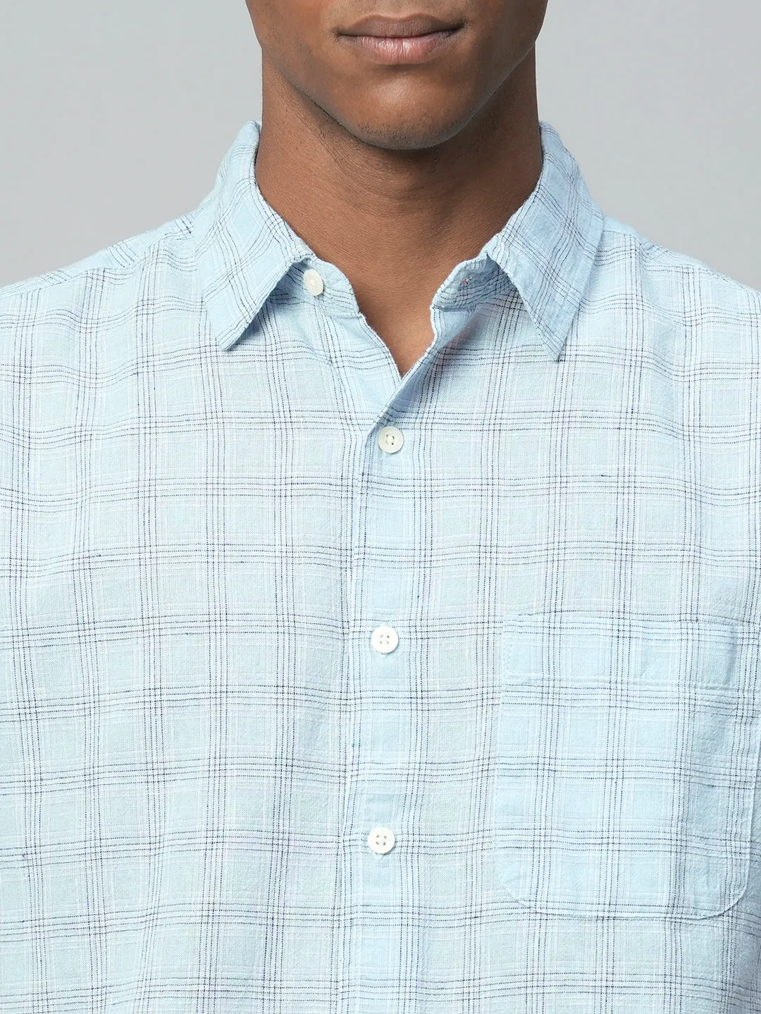 Men's Blue Linen Cotton Regular Fit Checked Shirt