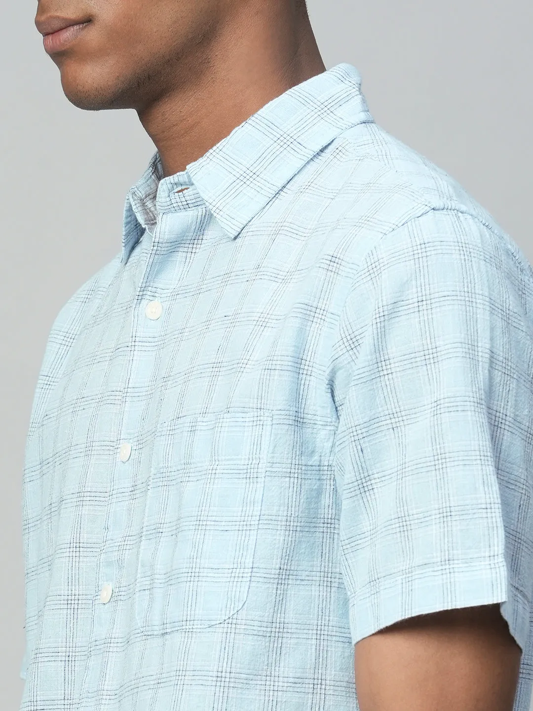 Men's Blue Linen Cotton Regular Fit Checked Shirt