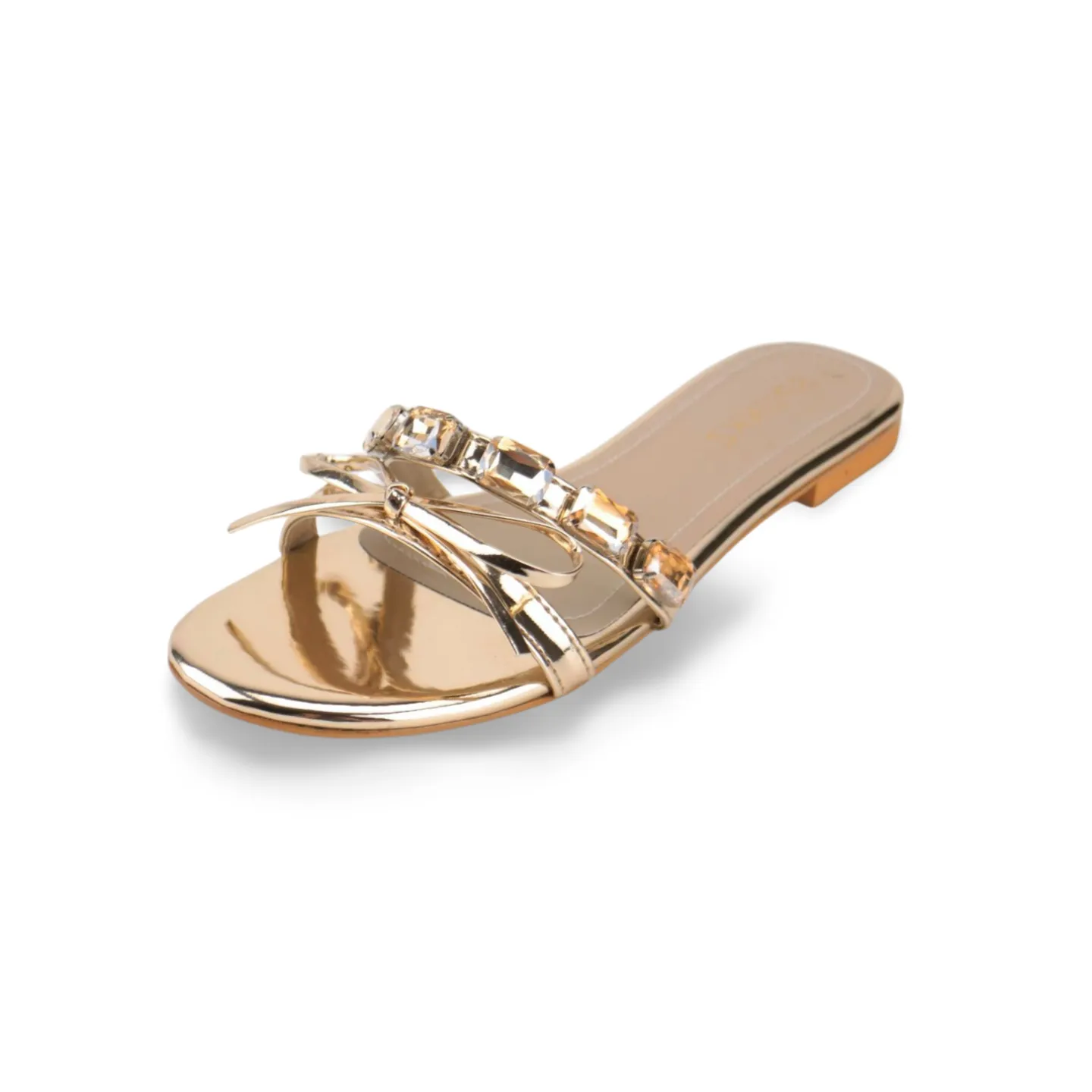 Metallic Bow & Crystal Embellished Slide Sandals