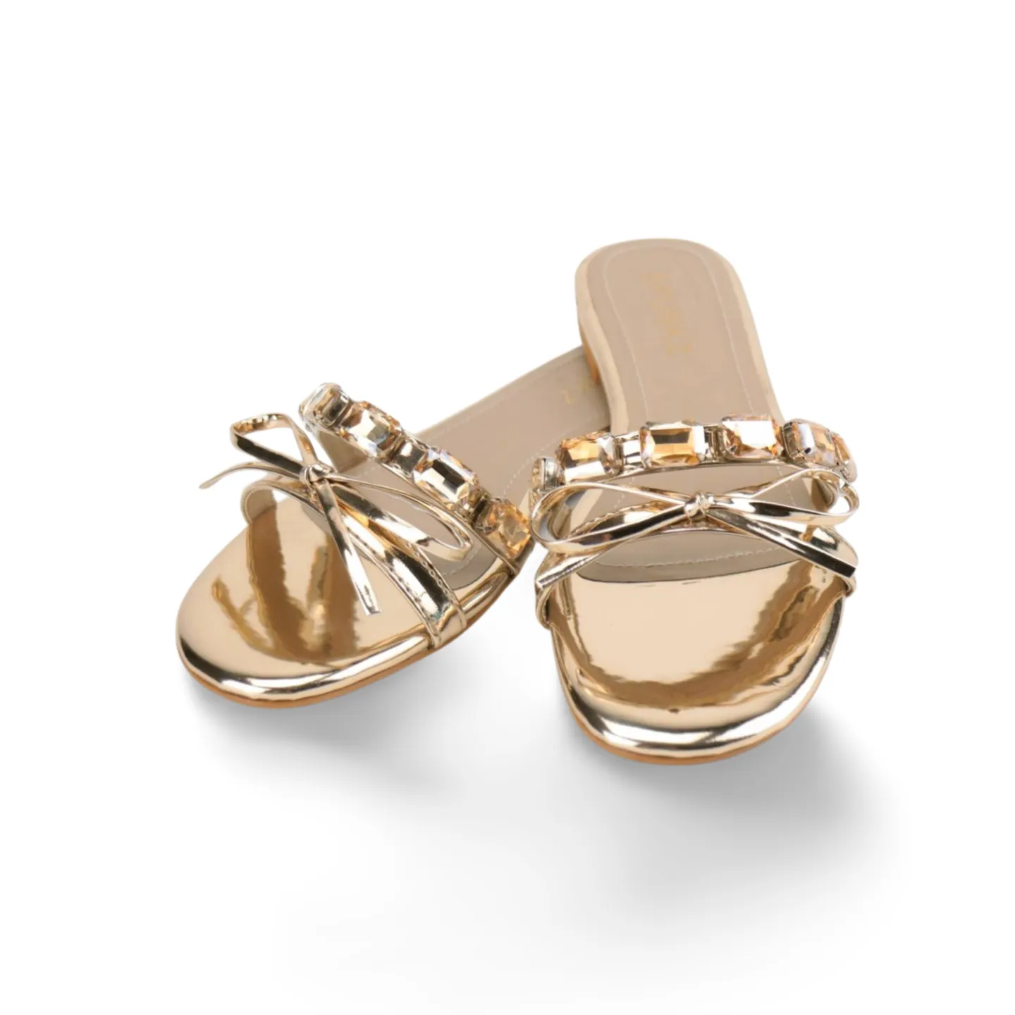 Metallic Bow & Crystal Embellished Slide Sandals