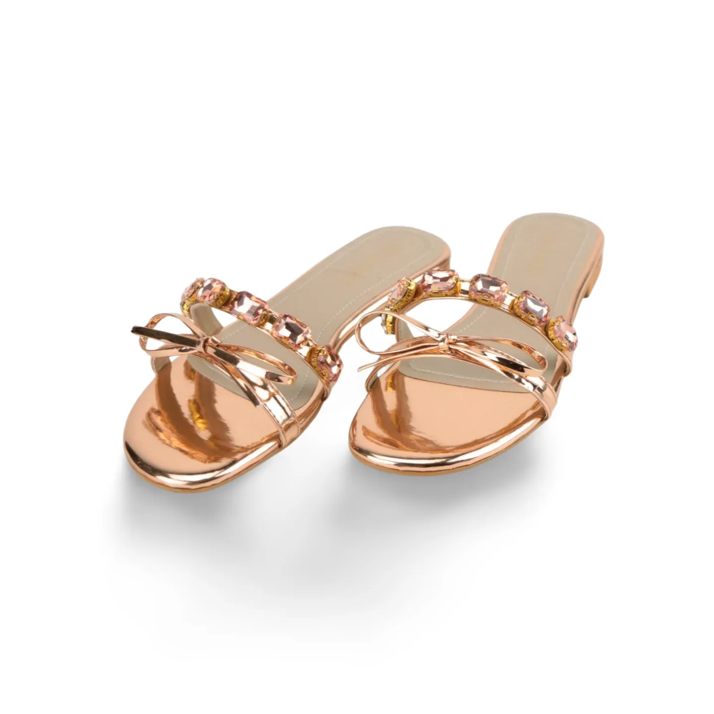 Metallic Bow & Crystal Embellished Slide Sandals