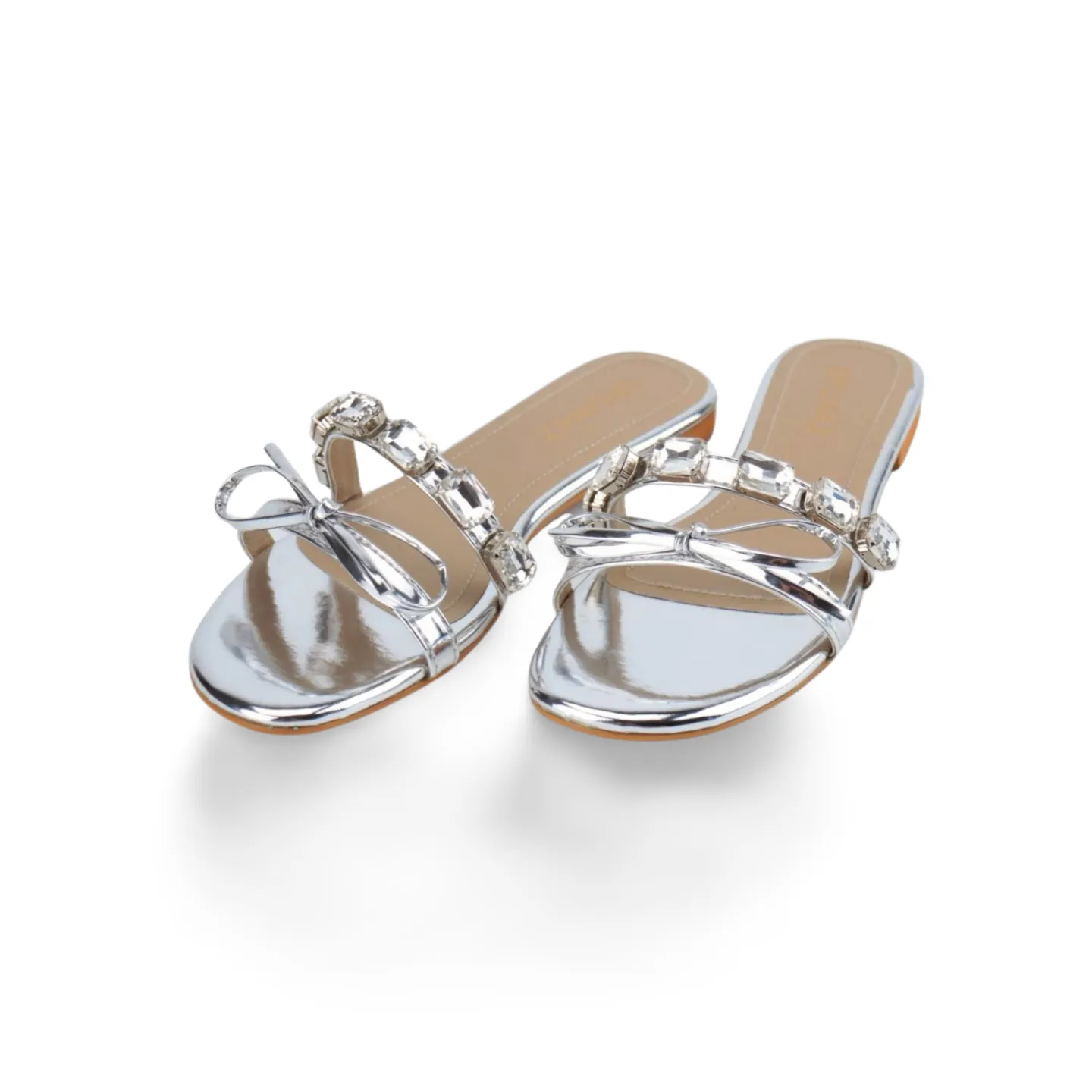 Metallic Bow & Crystal Embellished Slide Sandals