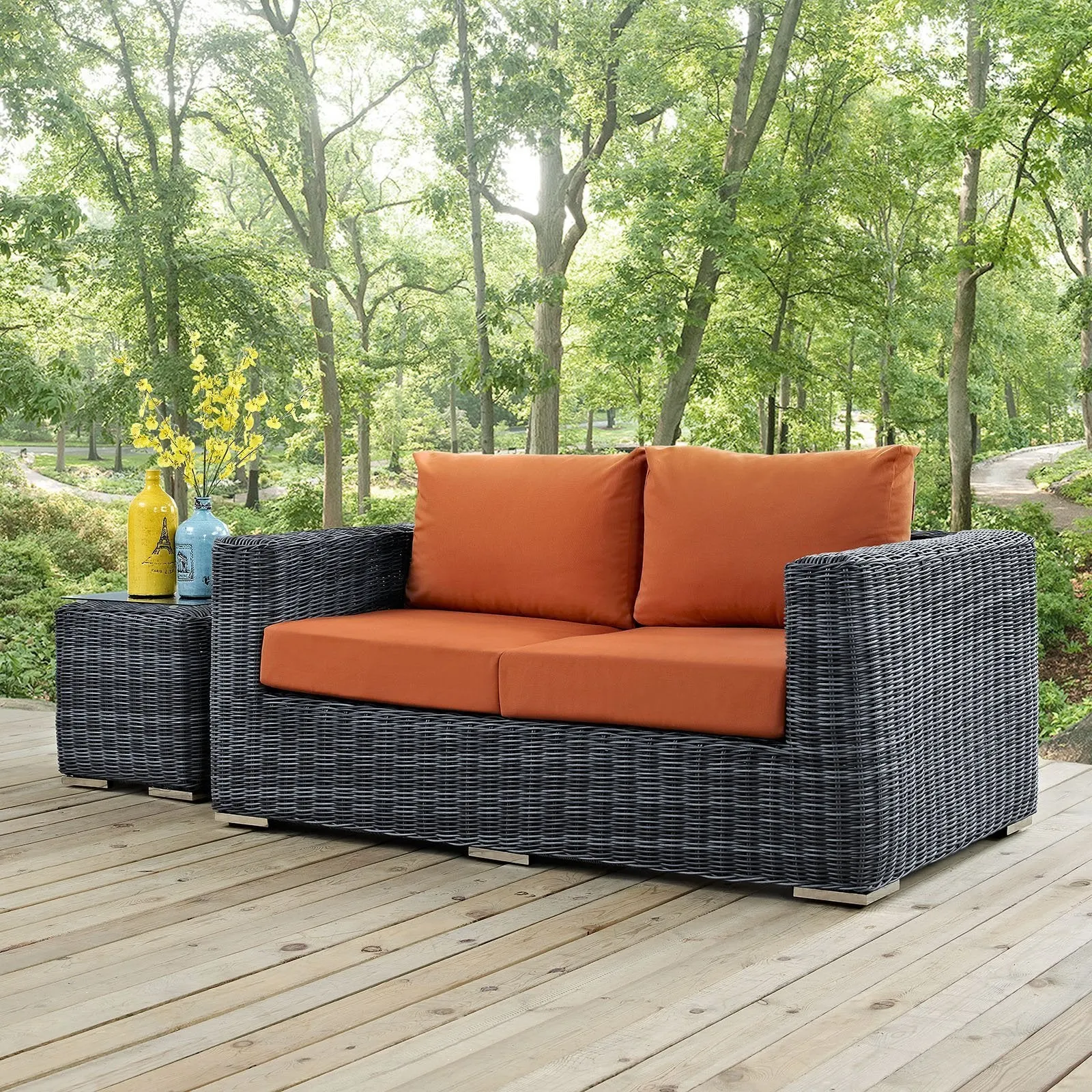 Modway EEI-1865-GRY-TUS Summon Wicker Rattan Outdoor Patio Loveseat with Sunbrella Fabric Cushions, Canvas Orange