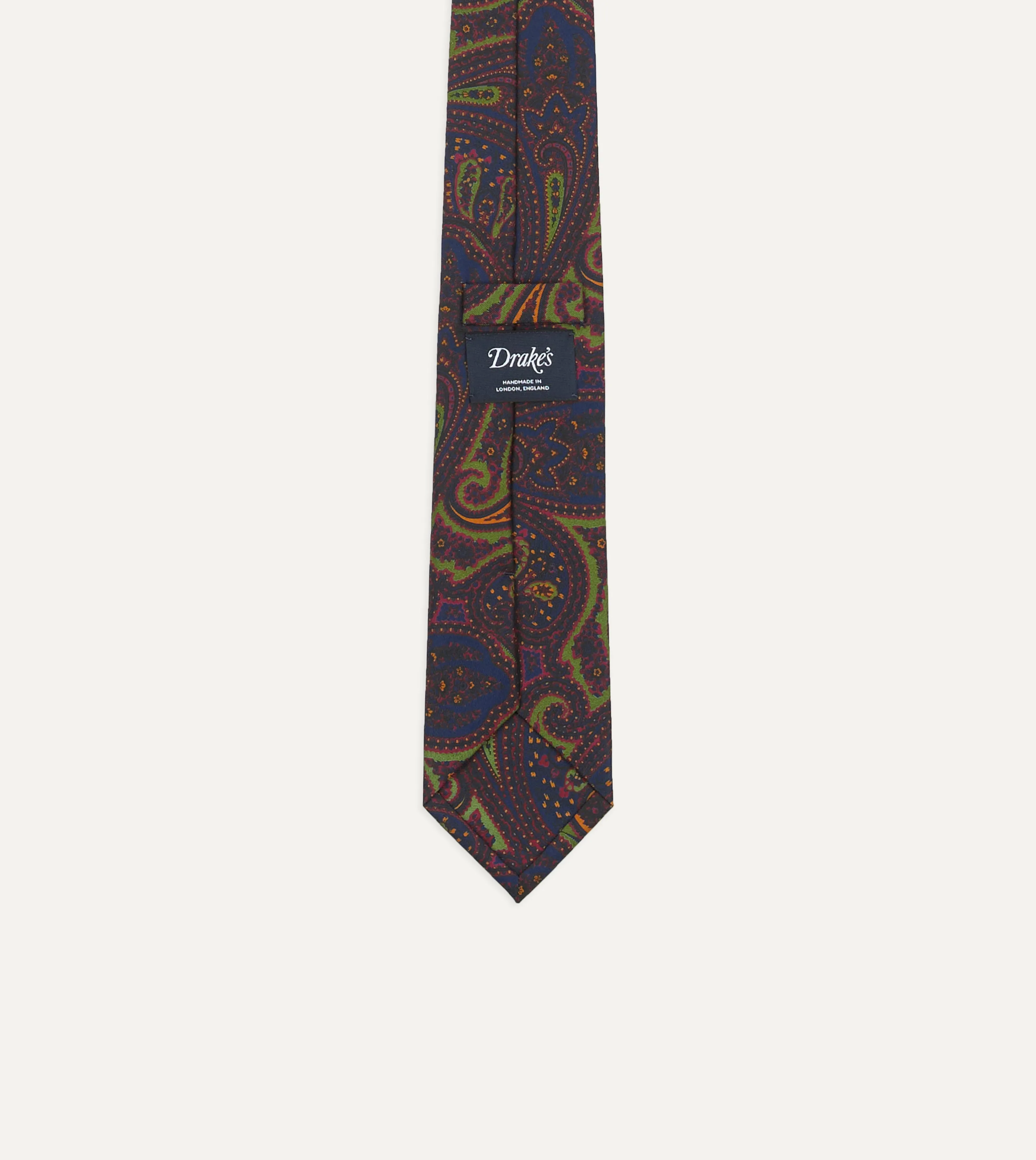 Navy and Green Large Paisley Print Madder Silk Self Tipped Tie