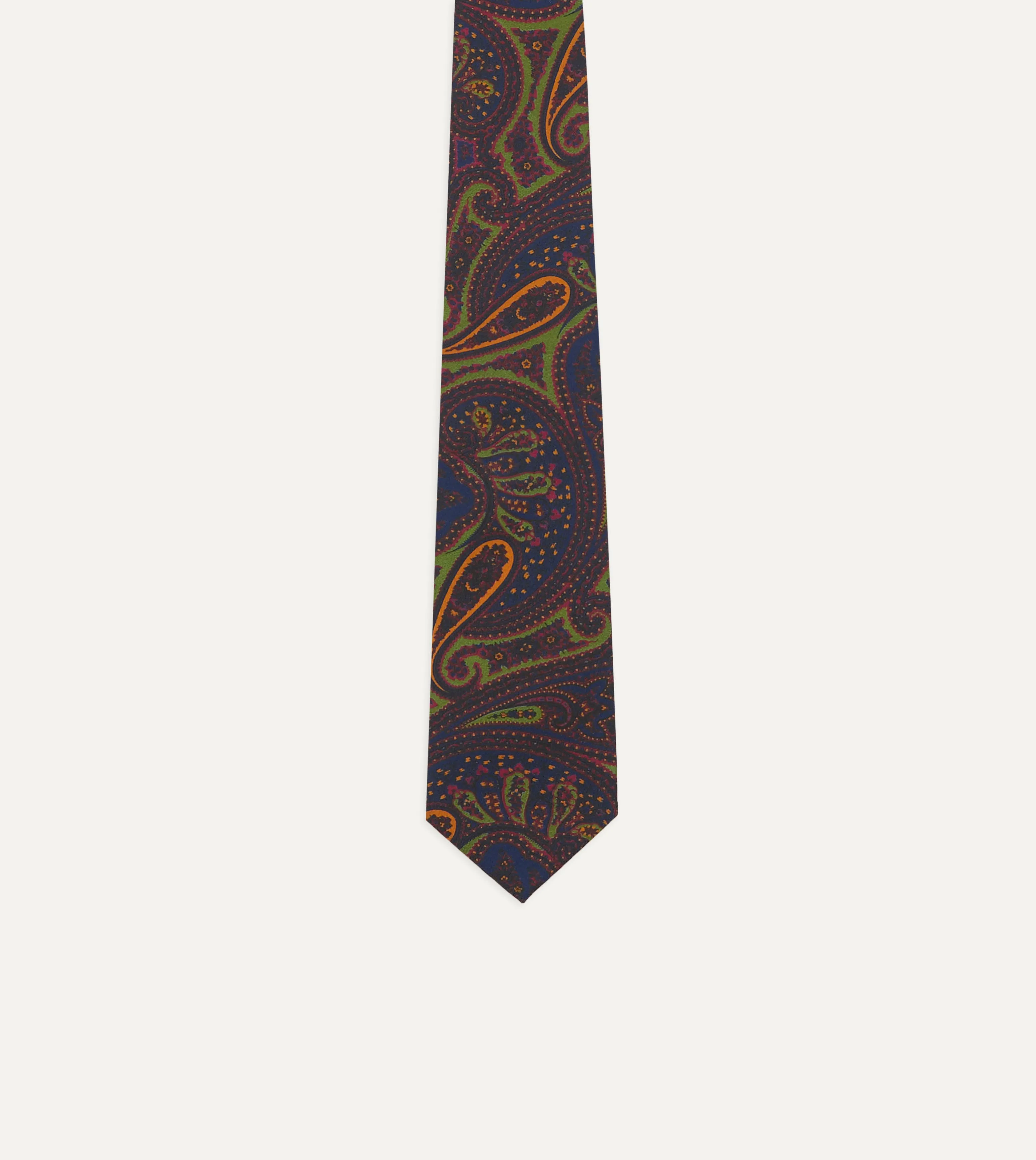 Navy and Green Large Paisley Print Madder Silk Self Tipped Tie