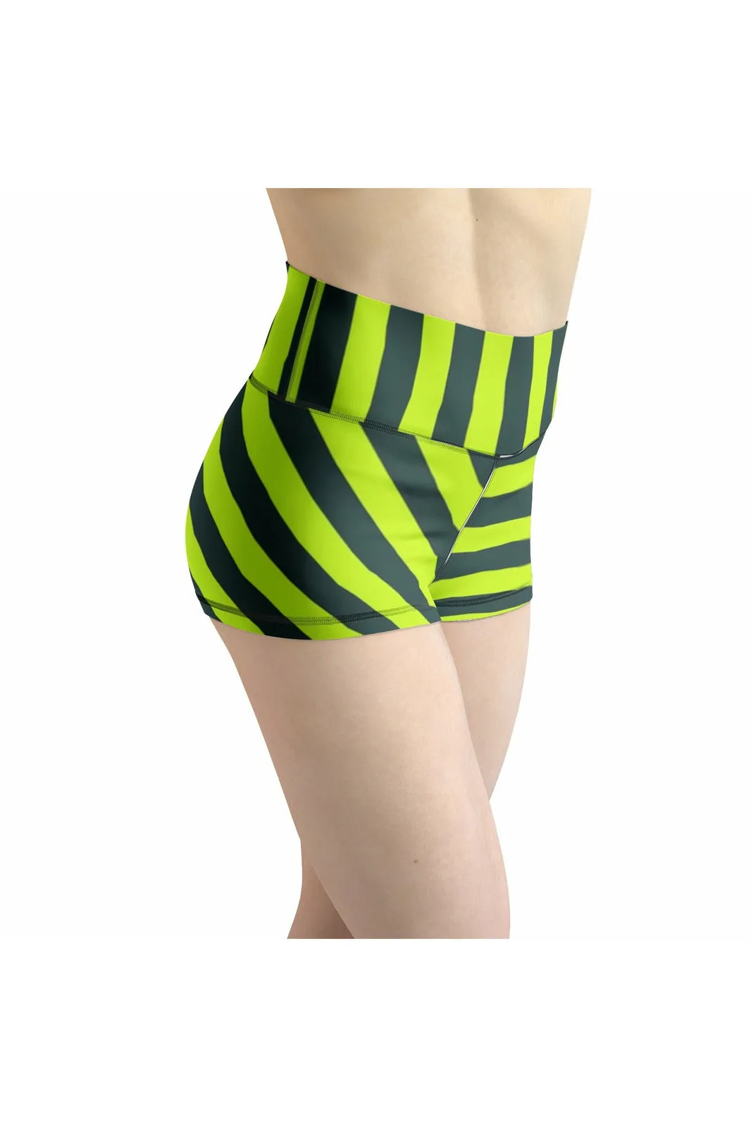 Neon Green Striped Women's Yoga Shorts