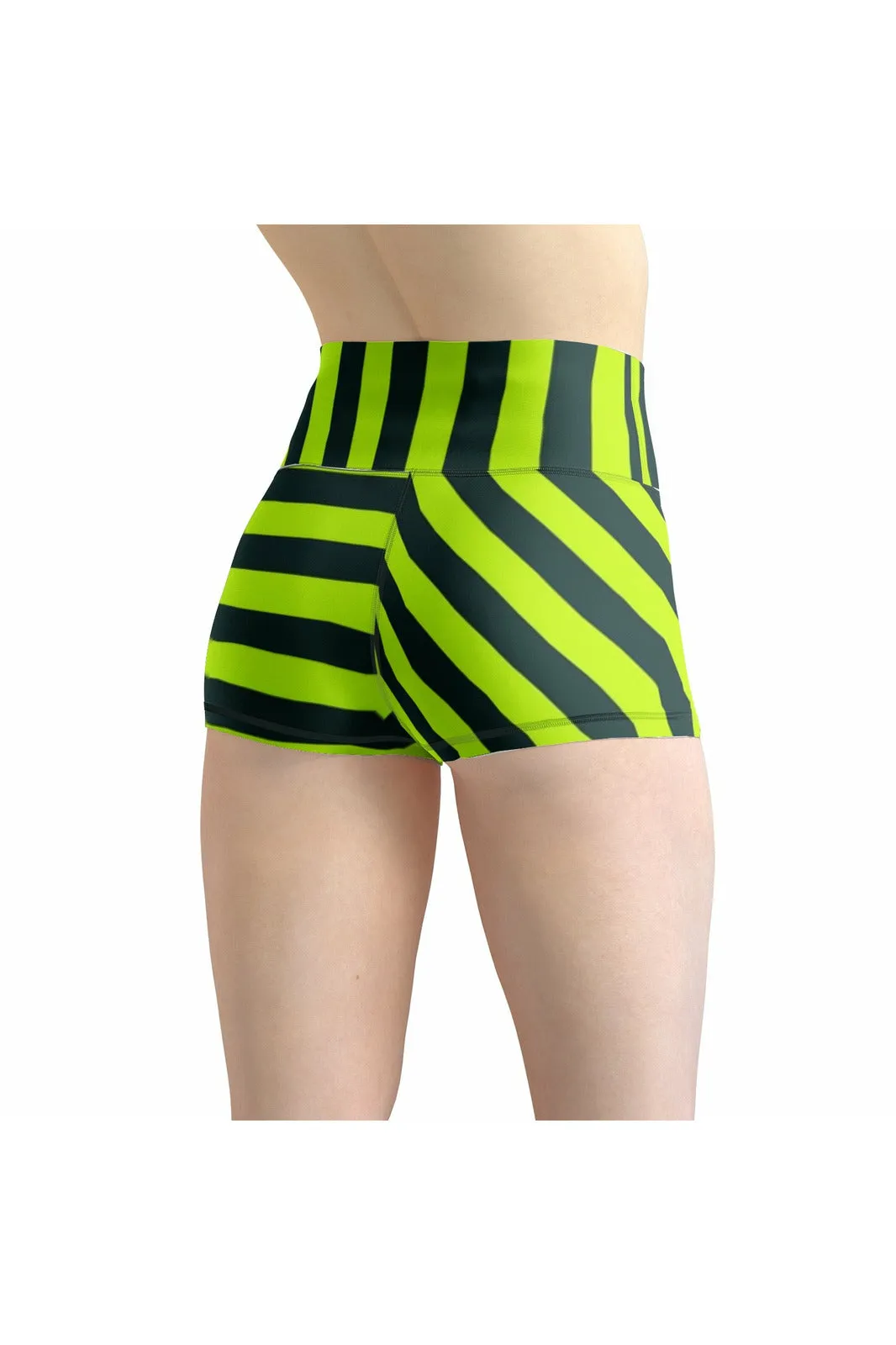 Neon Green Striped Women's Yoga Shorts