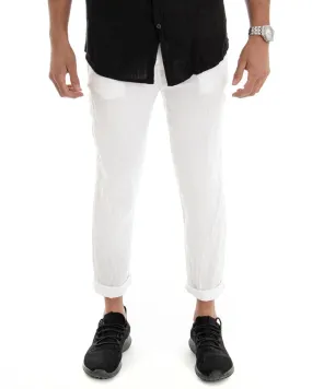 Pantaloni Uomo Tasca America Lino Tinta Unita Bianco Casual Laccio GIOSAL-P3747A