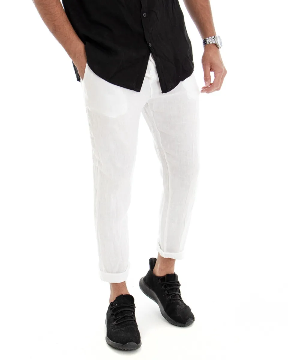 Pantaloni Uomo Tasca America Lino Tinta Unita Bianco Casual Laccio GIOSAL-P3747A