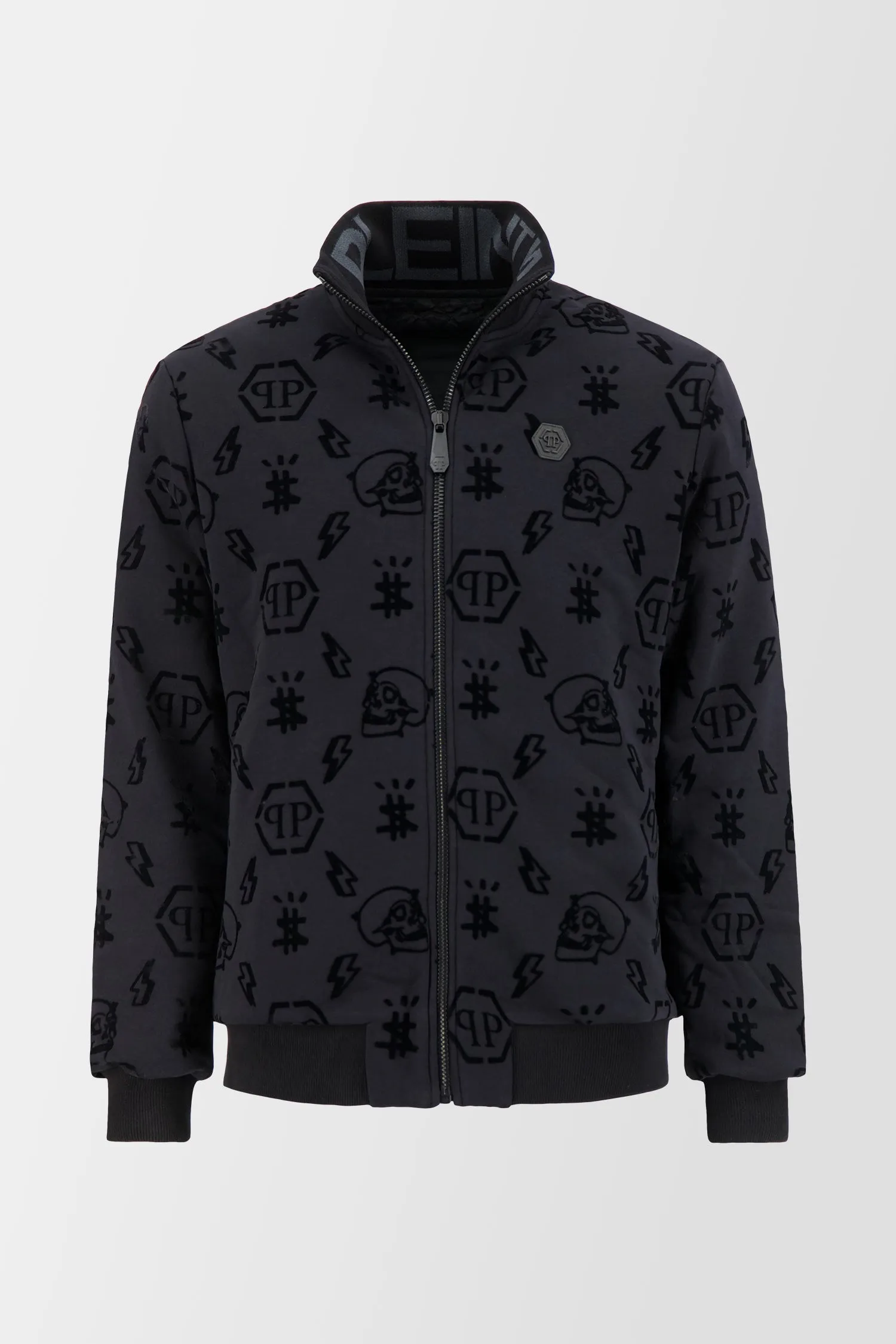 Philipp Plein Black Flock Monogram Jogging Jacket