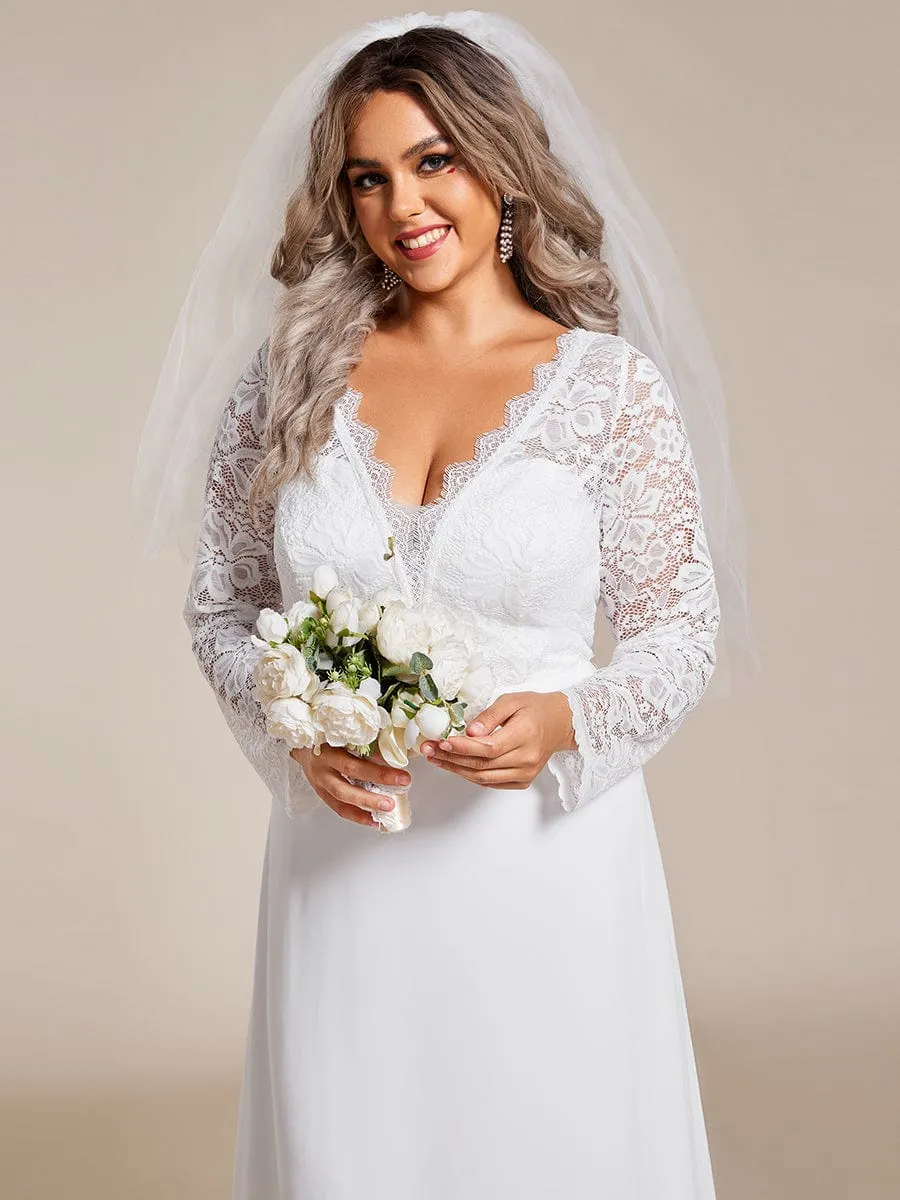 Plus Size Lace Long Sleeves Eyelash Edge Bodycon Mermaid Chiffon Wedding Dress