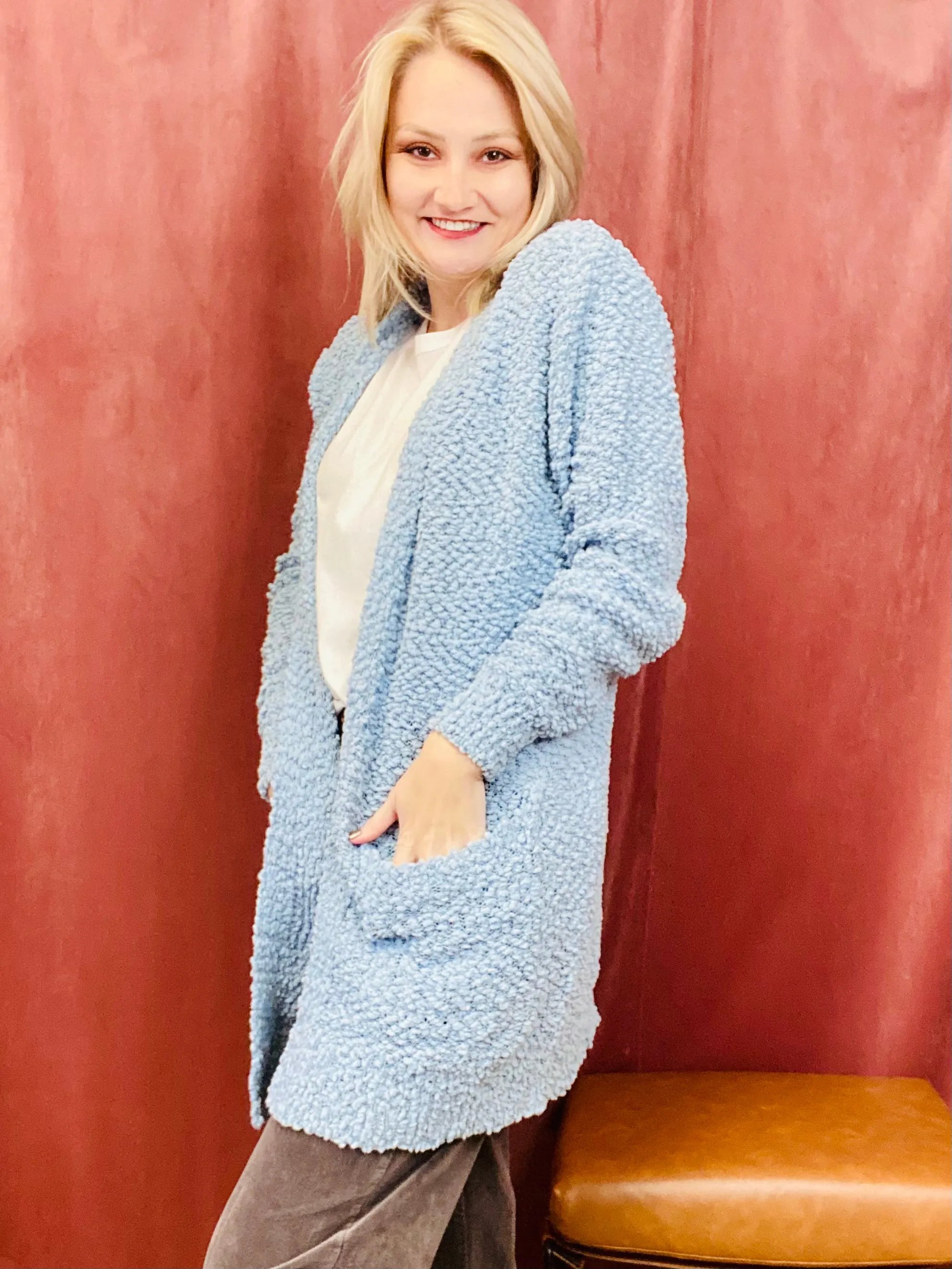 Popcorn Open Front Cardigan - Blue