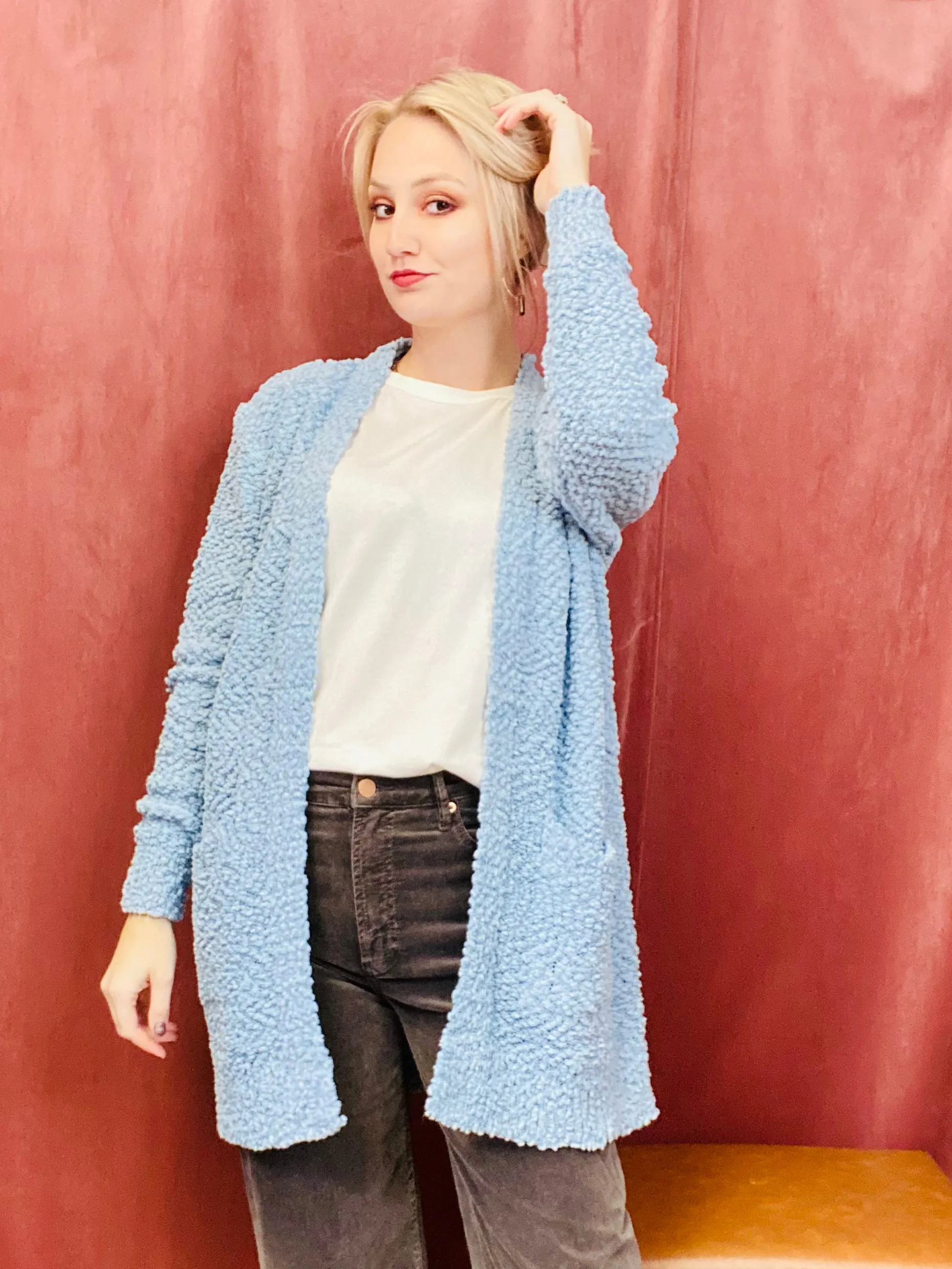 Popcorn Open Front Cardigan - Blue