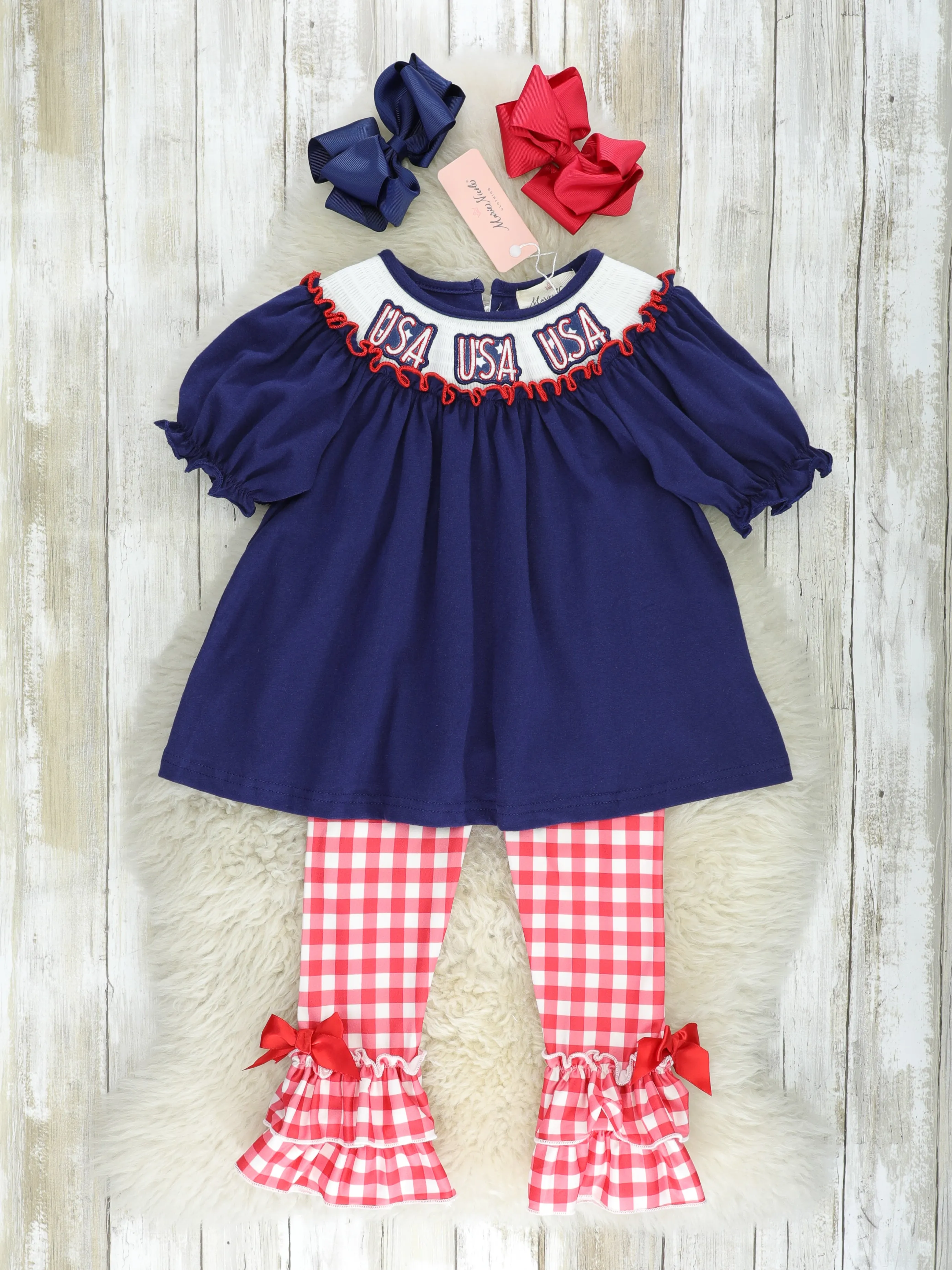 "USA" Smocked Gingham Outfit