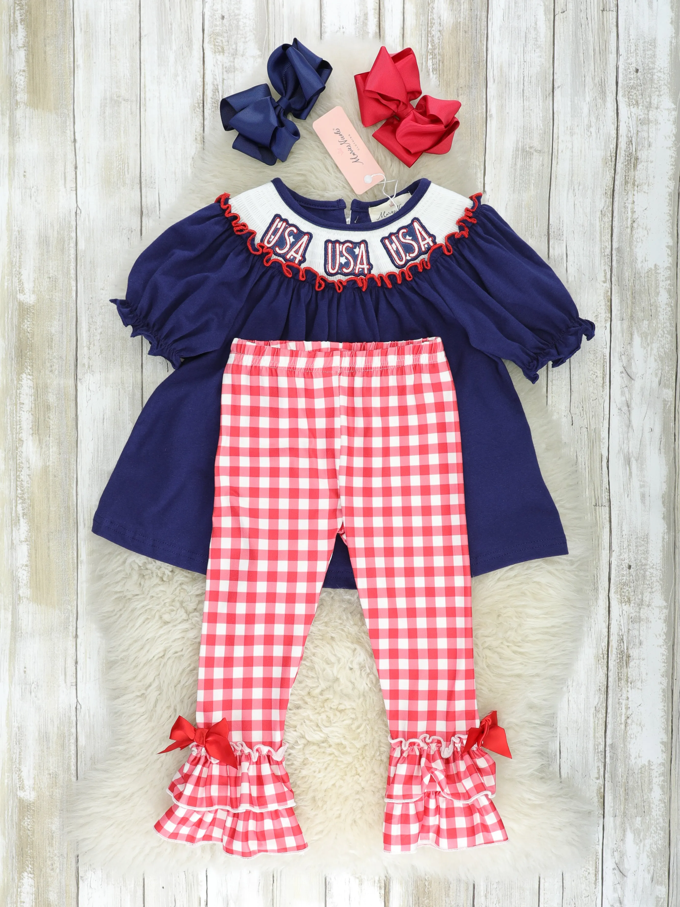 "USA" Smocked Gingham Outfit