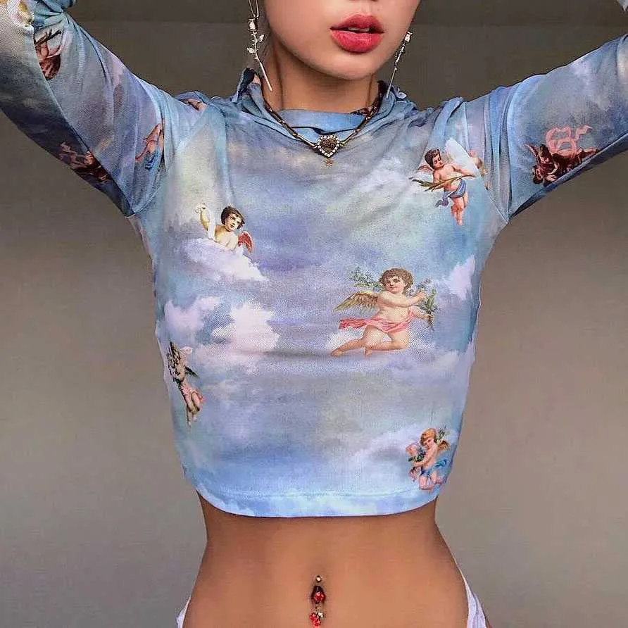 Retro Angel Cherub Printed Sheer Mesh High Neck Crop Top