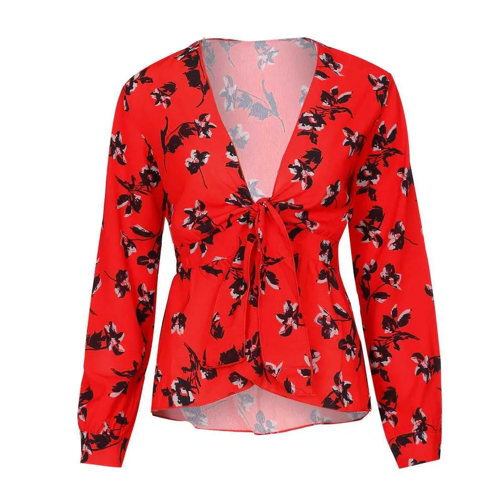 Retro Chiffon Neckline Front Tie Peplum Top Blouses Long Sleeve