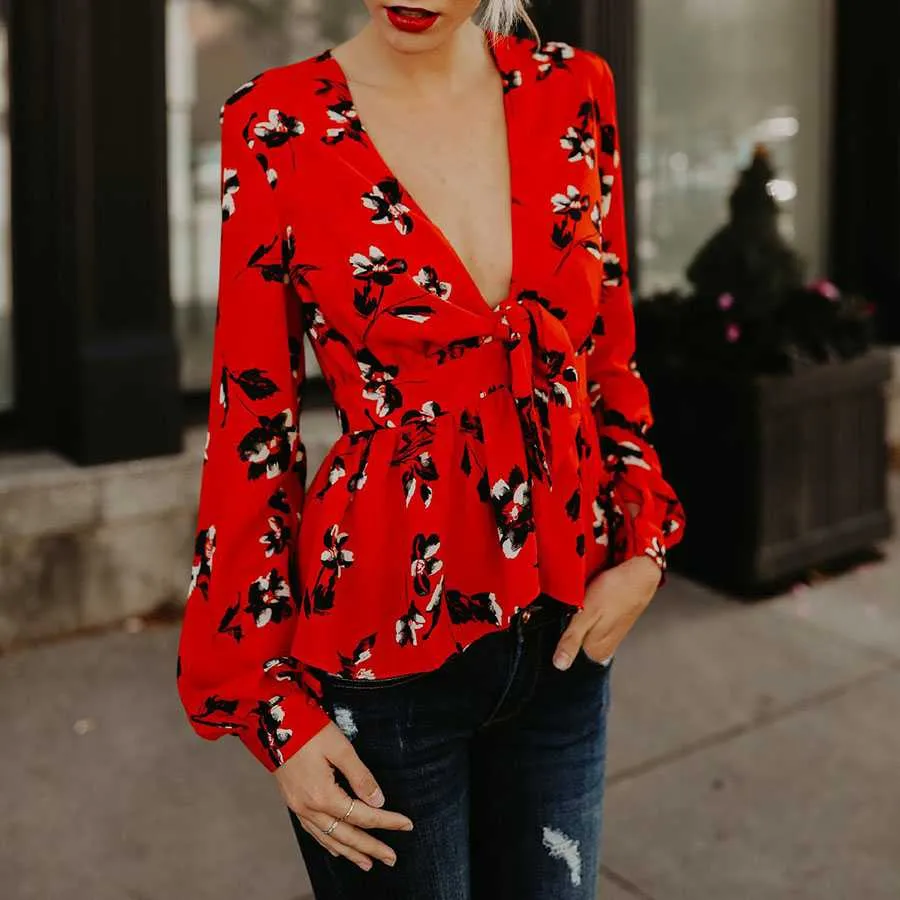 Retro Chiffon Neckline Front Tie Peplum Top Blouses Long Sleeve