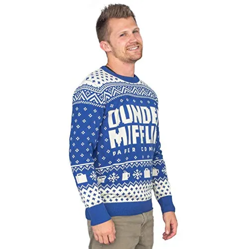 Ripple Junction The Office Dunder Mifflin Blue Ugly Christmas Sweater (Small)