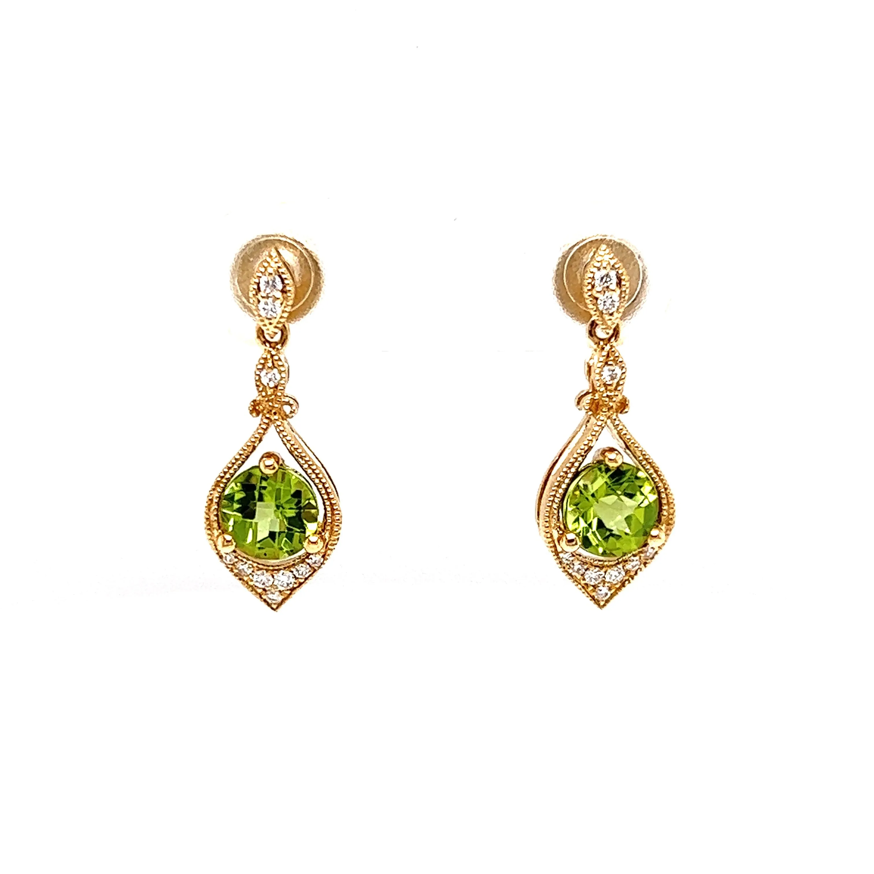 Round Peridot Drop Earrings with Twenty Diamonds in 14K Yellow Gold