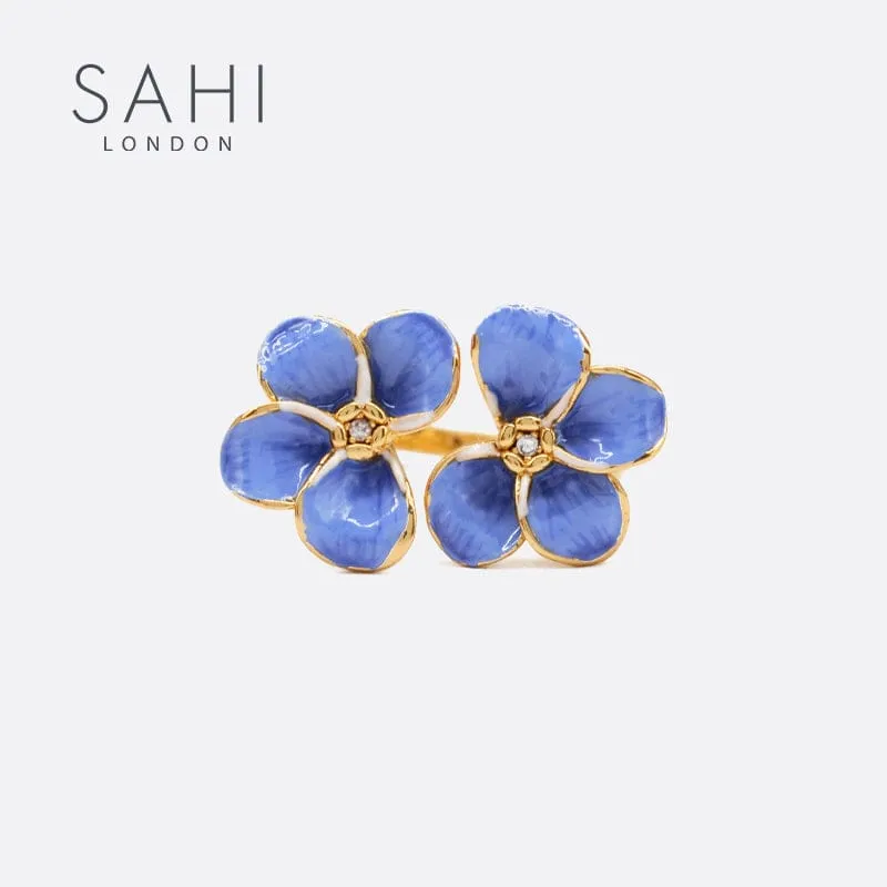 Sahi Gold Enameled Blue Flower Adjustable Ring