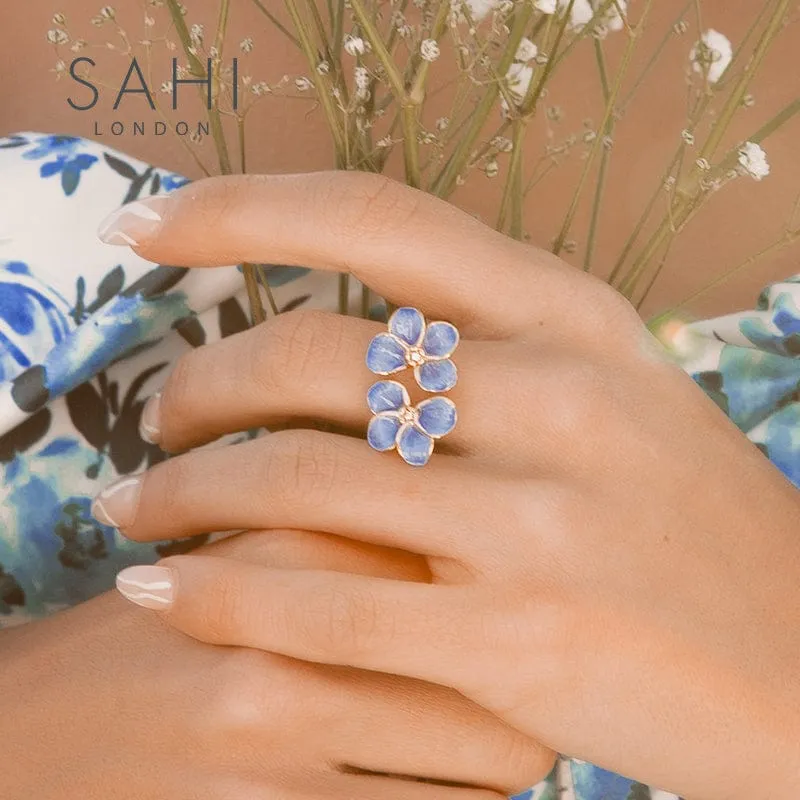 Sahi Gold Enameled Blue Flower Adjustable Ring