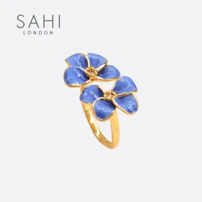 Sahi Gold Enameled Blue Flower Adjustable Ring