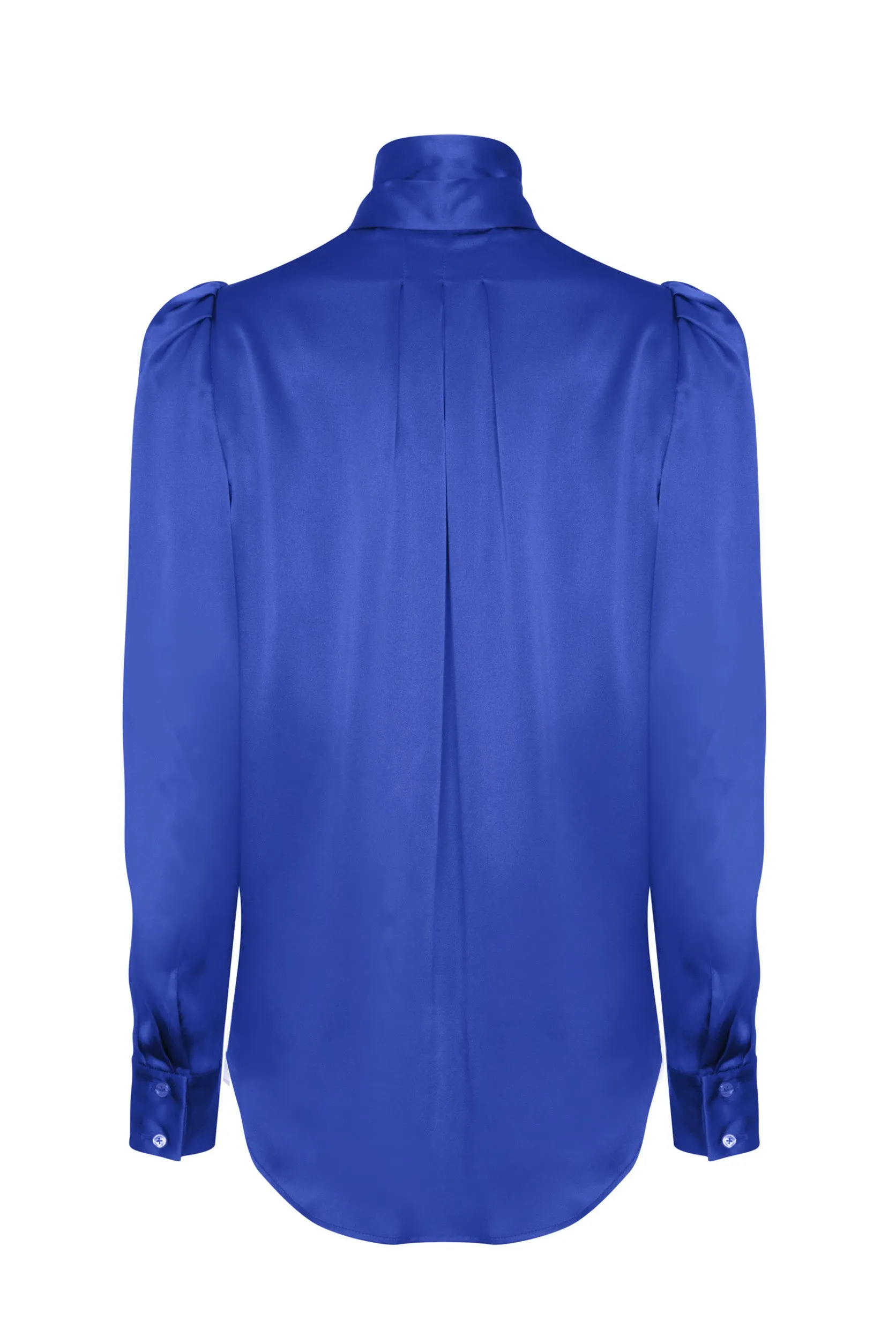 Silk Satin Tie-Neck Blouse in Electric Blue - Denisa