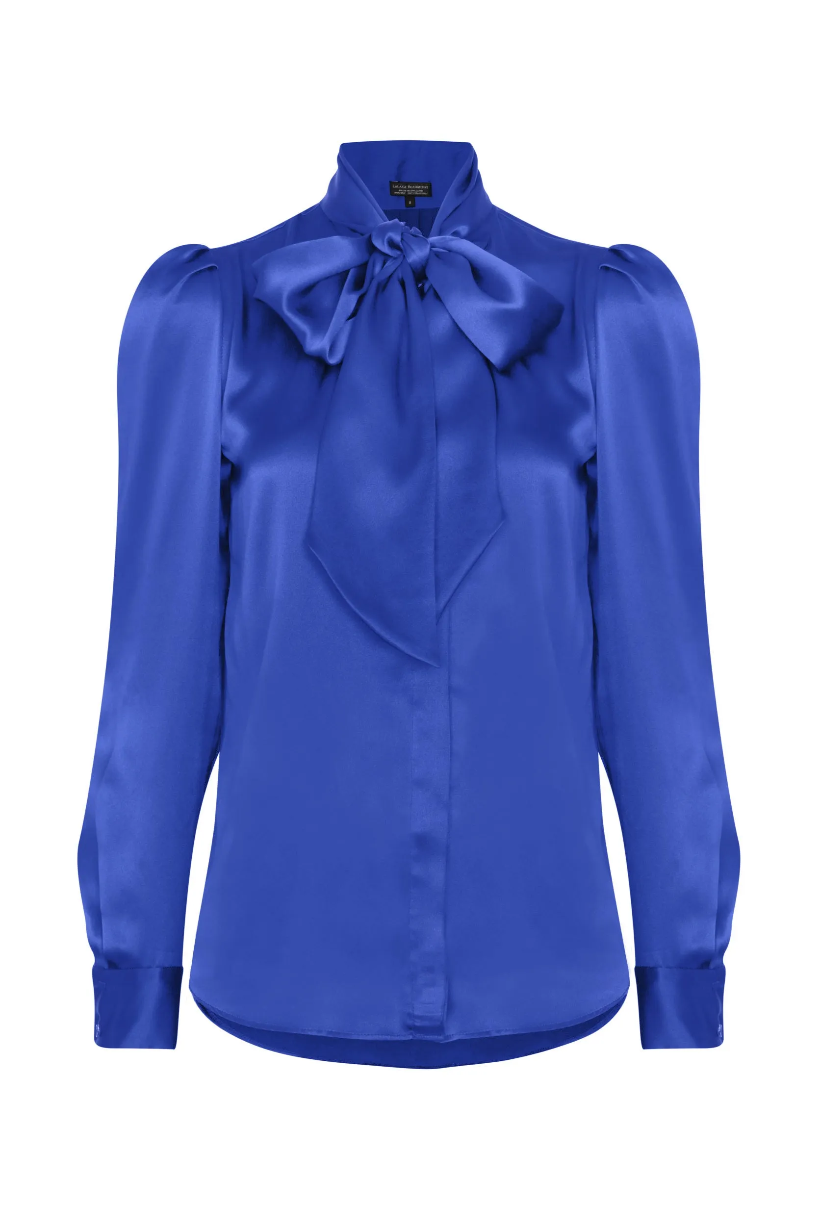 Silk Satin Tie-Neck Blouse in Electric Blue - Denisa