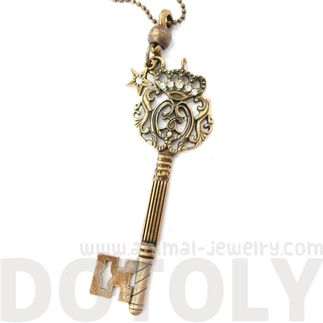 Skeleton Key with Decorative Handle Shaped Pendant Necklace in Bronze